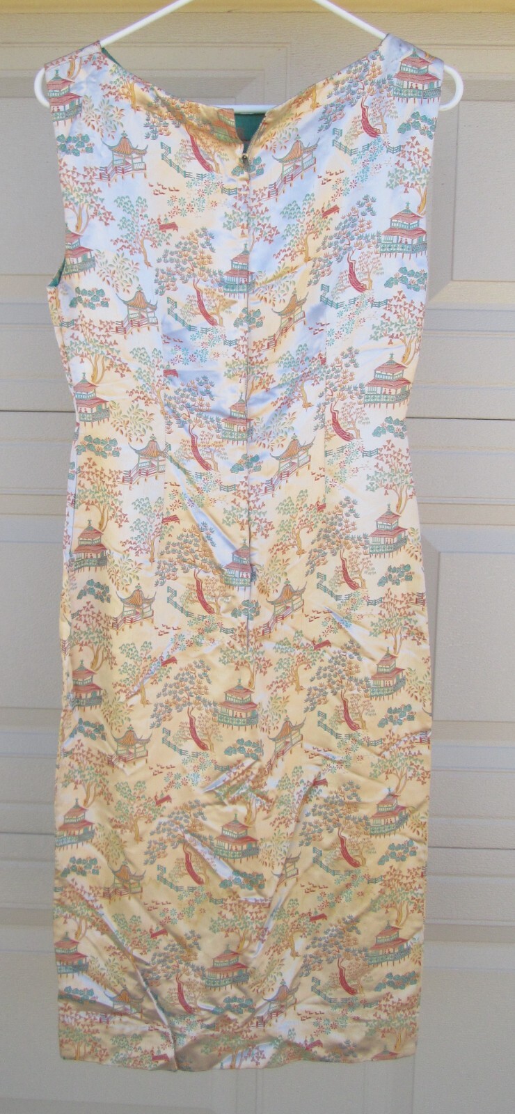 Asian Silky Cocktail Dress Peach Red Yellow Turquoise Blue Landscape Vintage