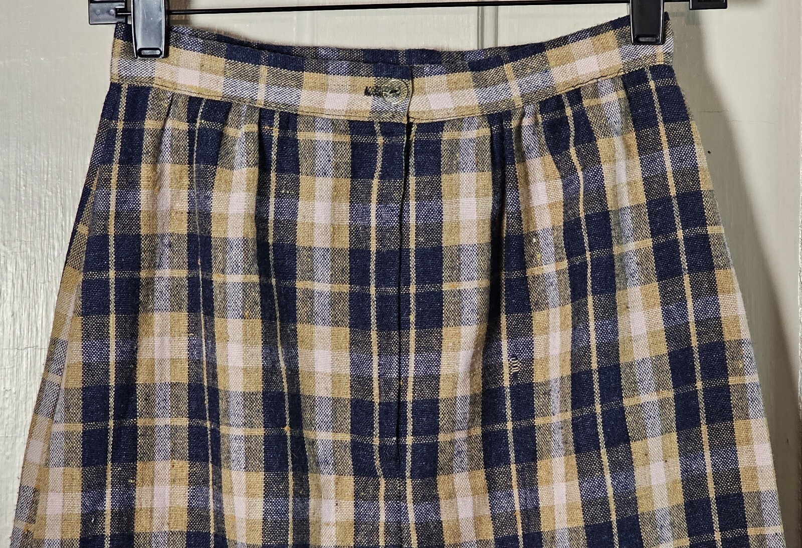 VTG 80’S Wool Pencil Skirt Women XS Blue Tan Pink Plaid Tartan Pleated Academia