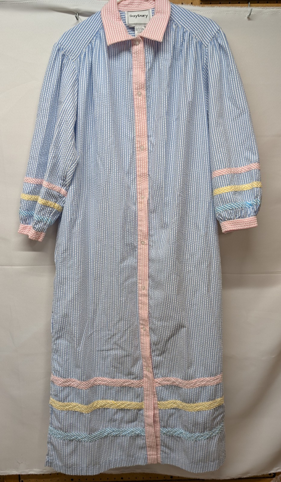 Vintage Saybury Seersucker Pastel Stripe Button Long Housecoat Robe Women’s S