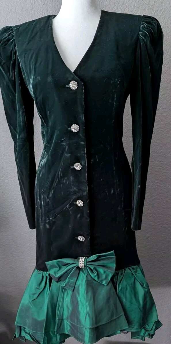 Vtg 80s En Francais Huey Waltzer Emerald Velvet Taffeta Dress Rhinestone Peplum