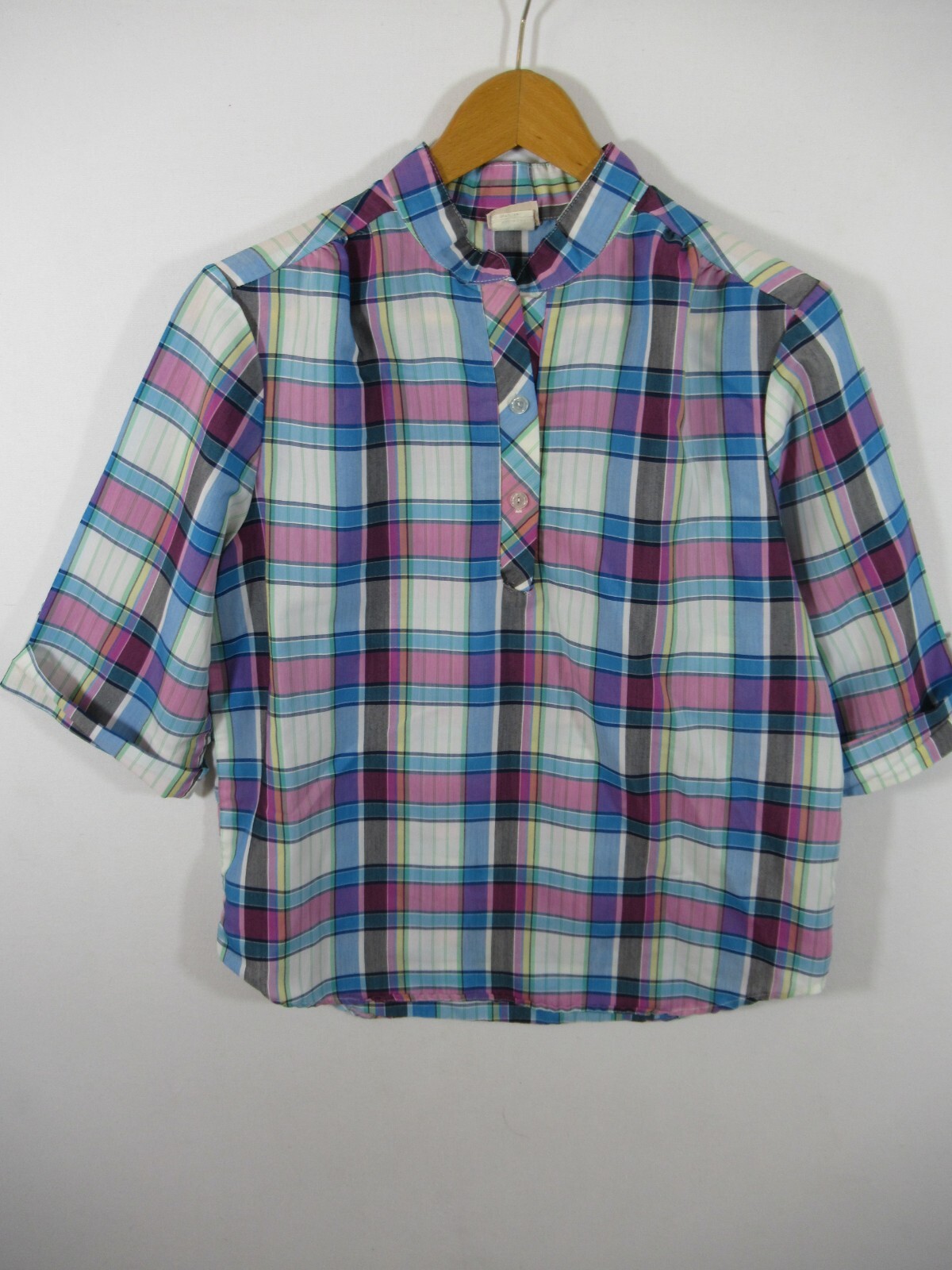 Vintage 70s 80s The Fox Collection Plaid Blouse Women Roll Tab Sleeve