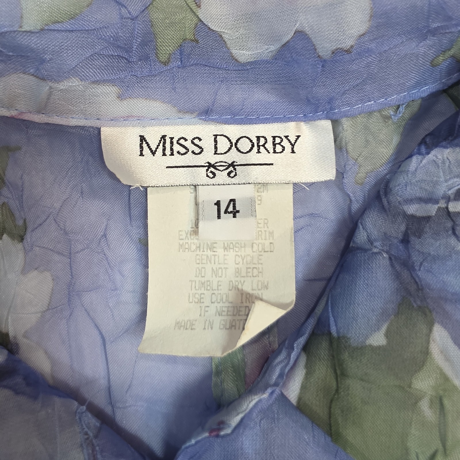 Miss Dorby Vtg Size 14 Floral Crinkle Button Up Fly Away Blouse Periwinkle Fairy