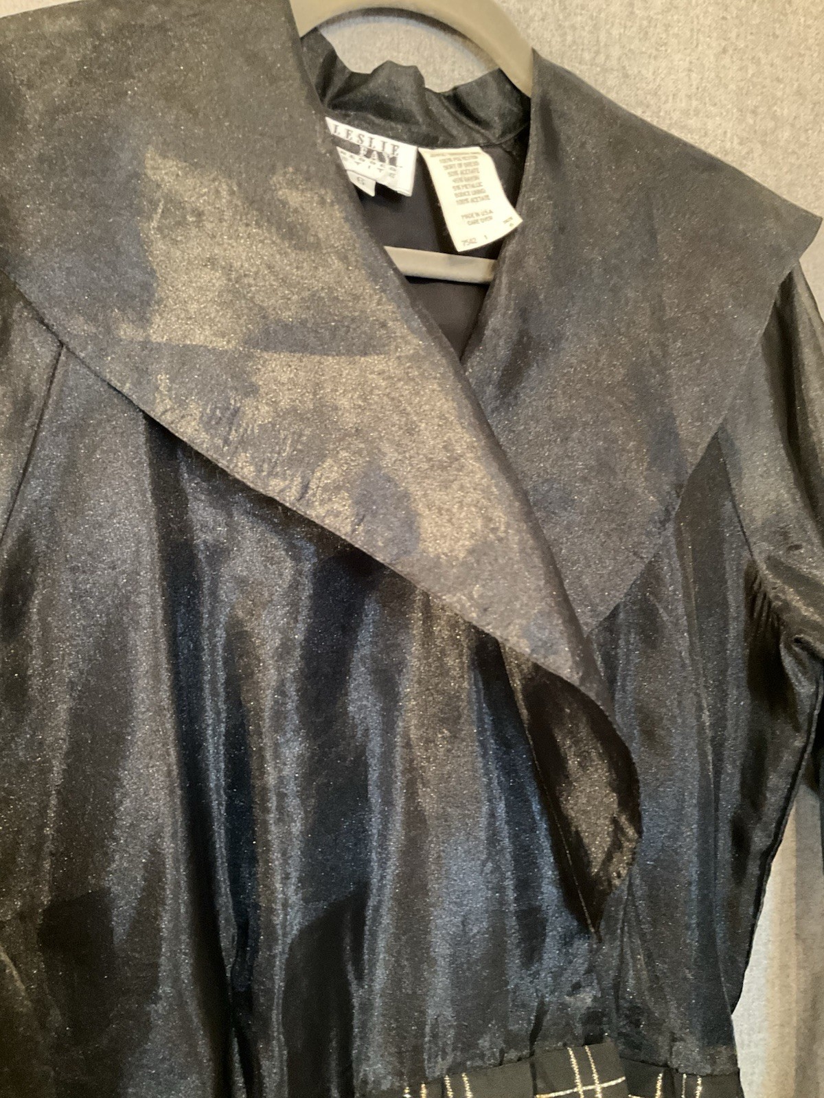 80’s Vintage Leslie Fay 6P Dress Black Gold Plaid Sheer Sleeve Cocktail Goth