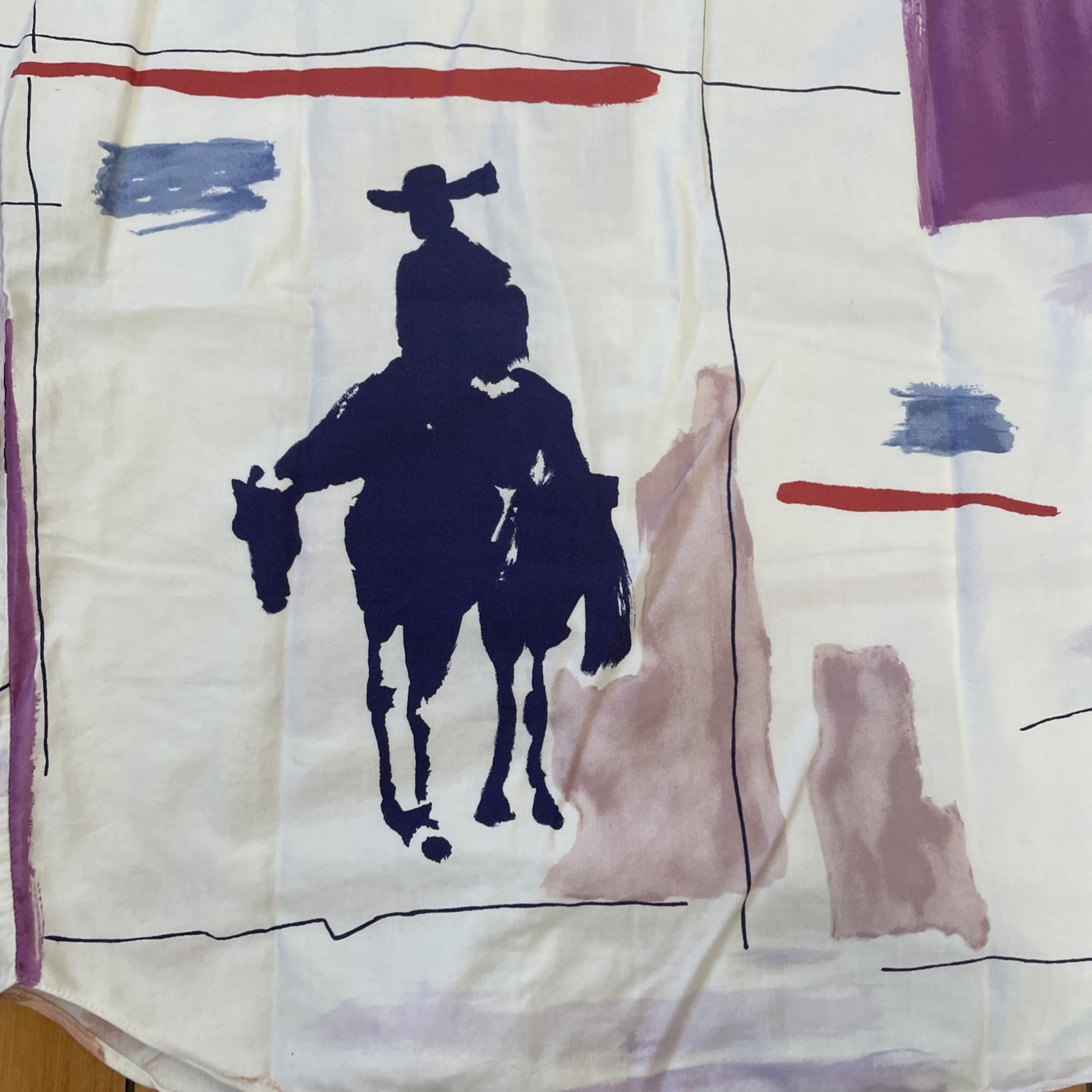 Vtg 80s Stuart Lang Button Up Abstract Art Deco Horse Cowboy Western Sz 6 L