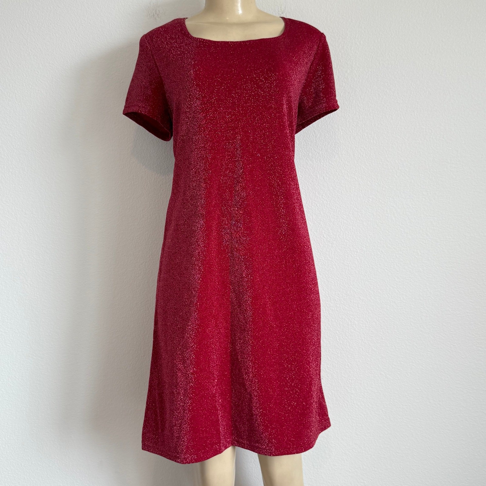 Vintage 90s Byer Studio Red Lurex Metallic Shift Dress Coquette Party Mod Glam