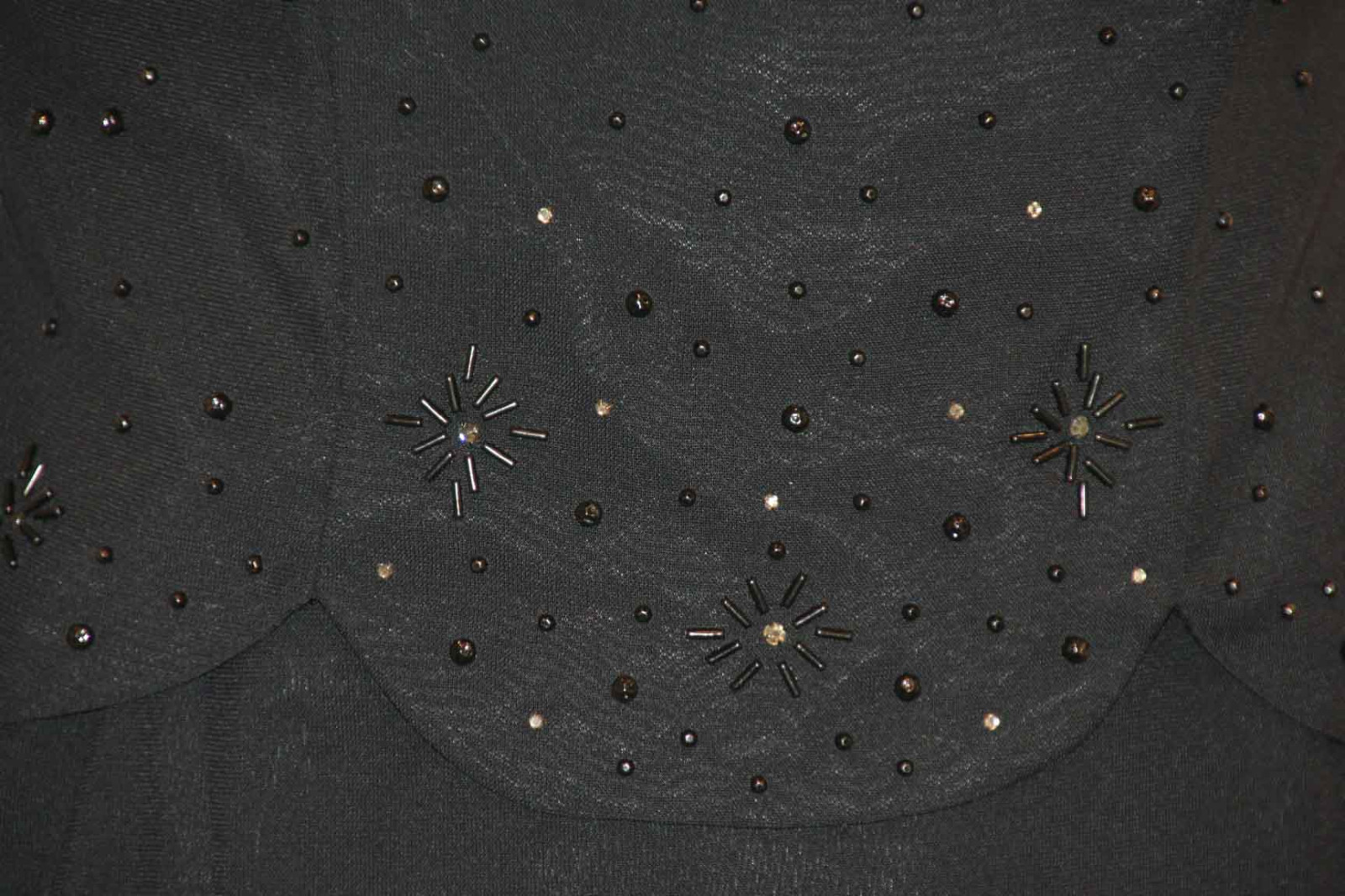 M~L Vtg 1950s Party DRESS Atomic Rayon Overblouse Beads Rhinestones Cocktail
