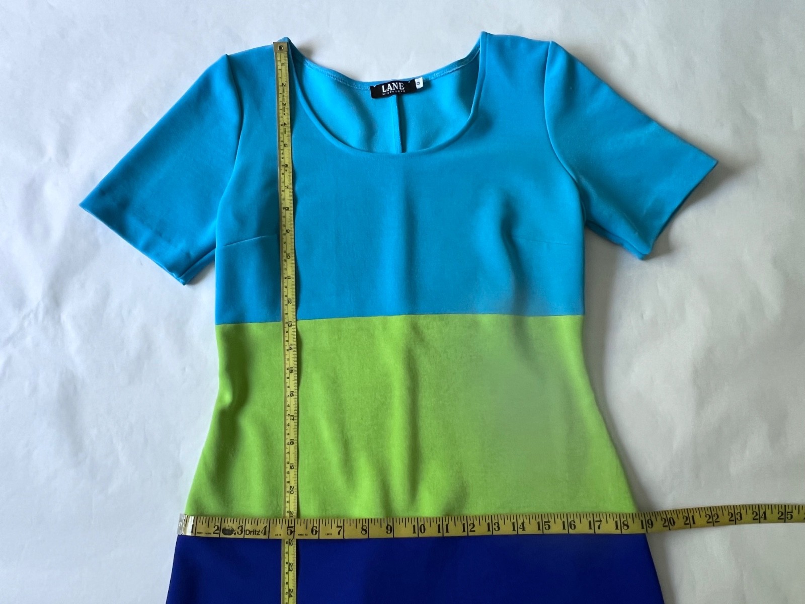 VTG 90’s Lane Misty Lane Blue Green Short Sleeve Color Block Bodycon Dress SZ 8