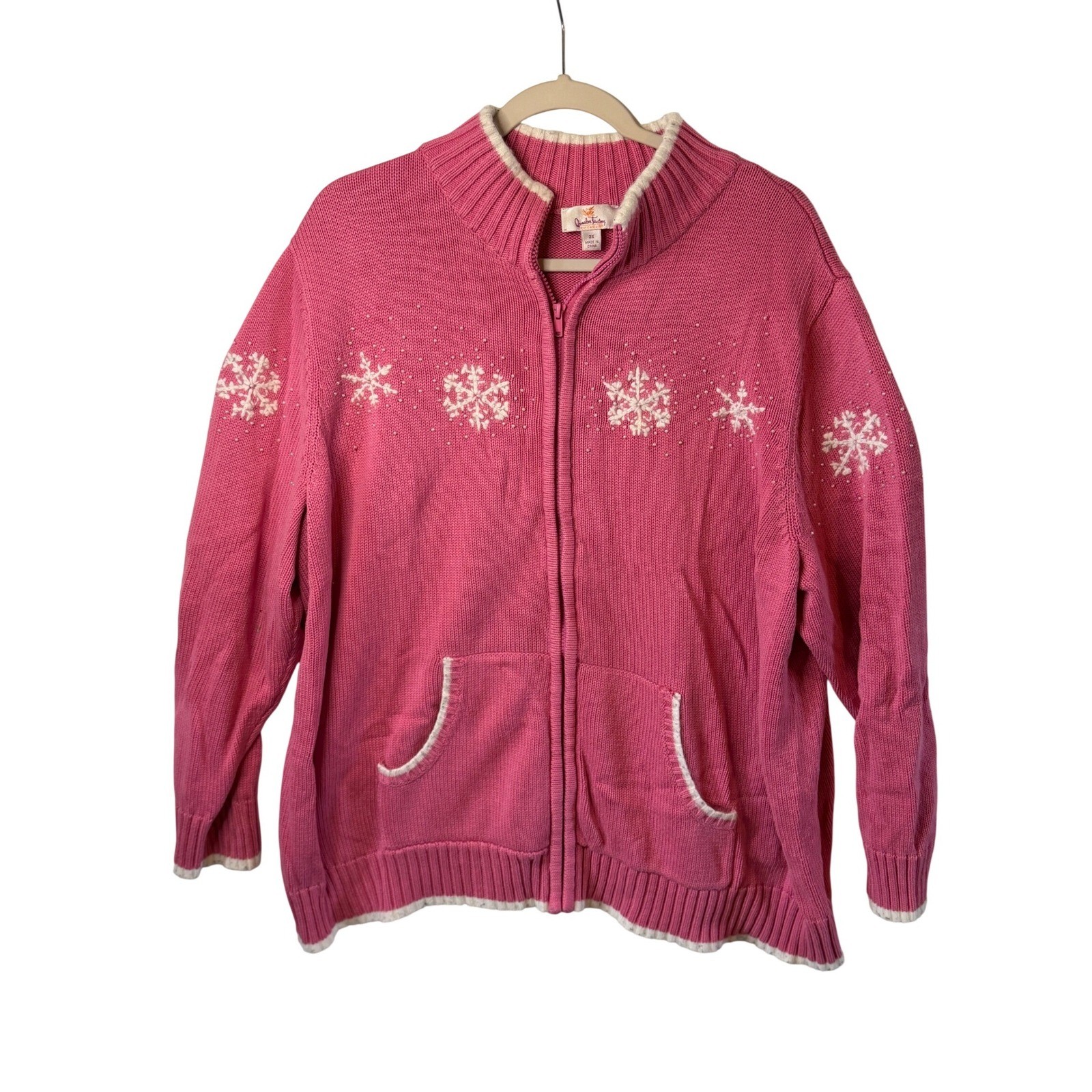 VTG Quacker Factory Zip Cardigan Pink Snowflake Grandmacore Bead Cotton 2X Women