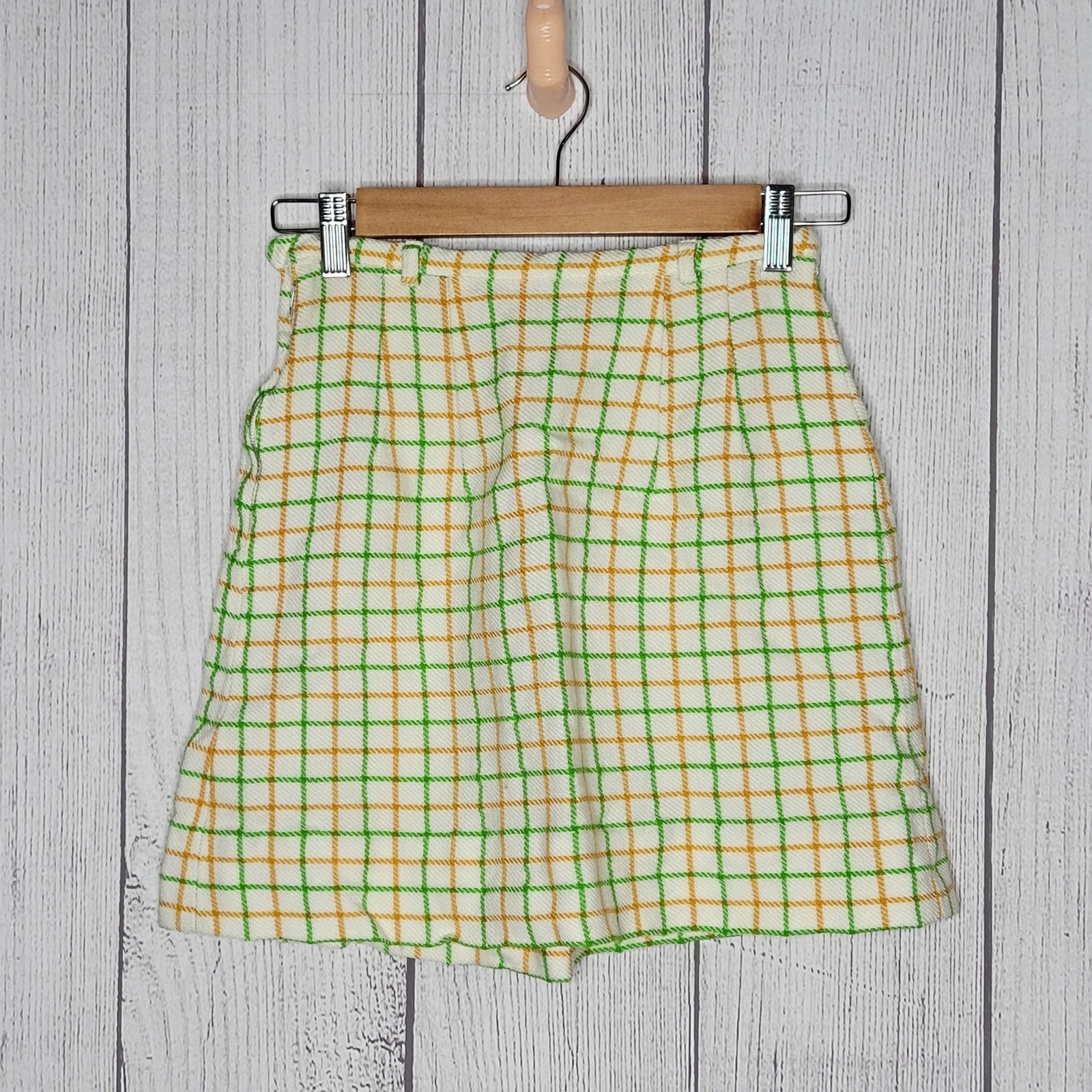 Vintage Green & Yellow Grid Plaid Pleated Mini Skirt, 24″ waist