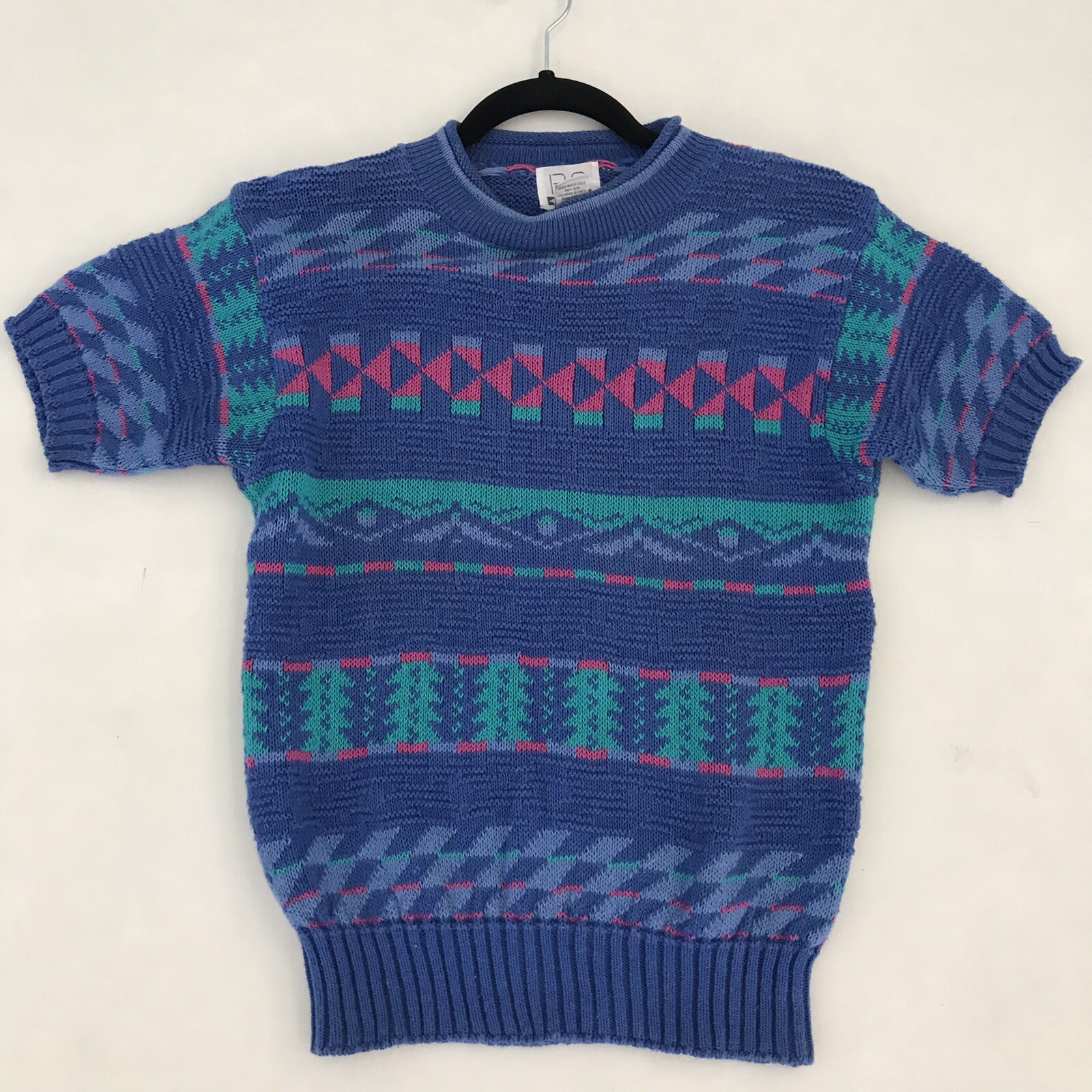 Vtg 90s P.S. Sport Small Retro Colorblock Short Sleeve Knit Sweater Top Blue