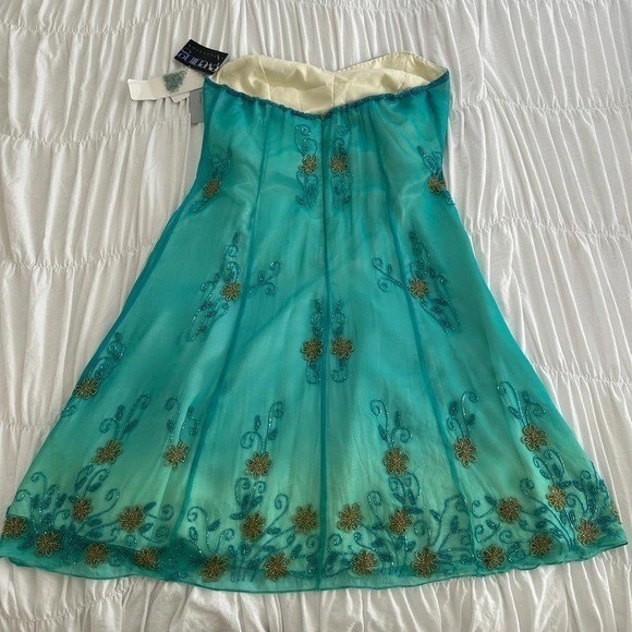 NWT VINTAGE Adrianna Papell Evening Silk Strapless Teal Mermaid Beaded Dress