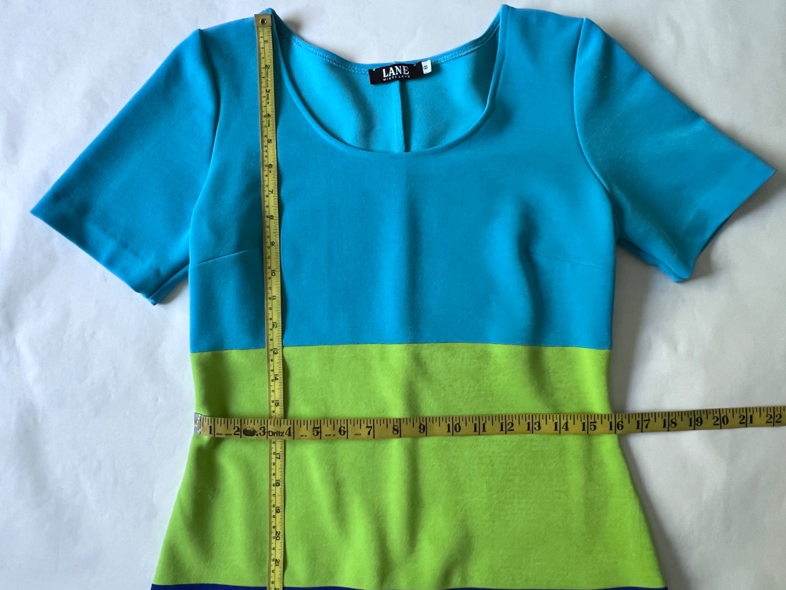VTG 90’s Lane Misty Lane Blue Green Short Sleeve Color Block Bodycon Dress SZ 8