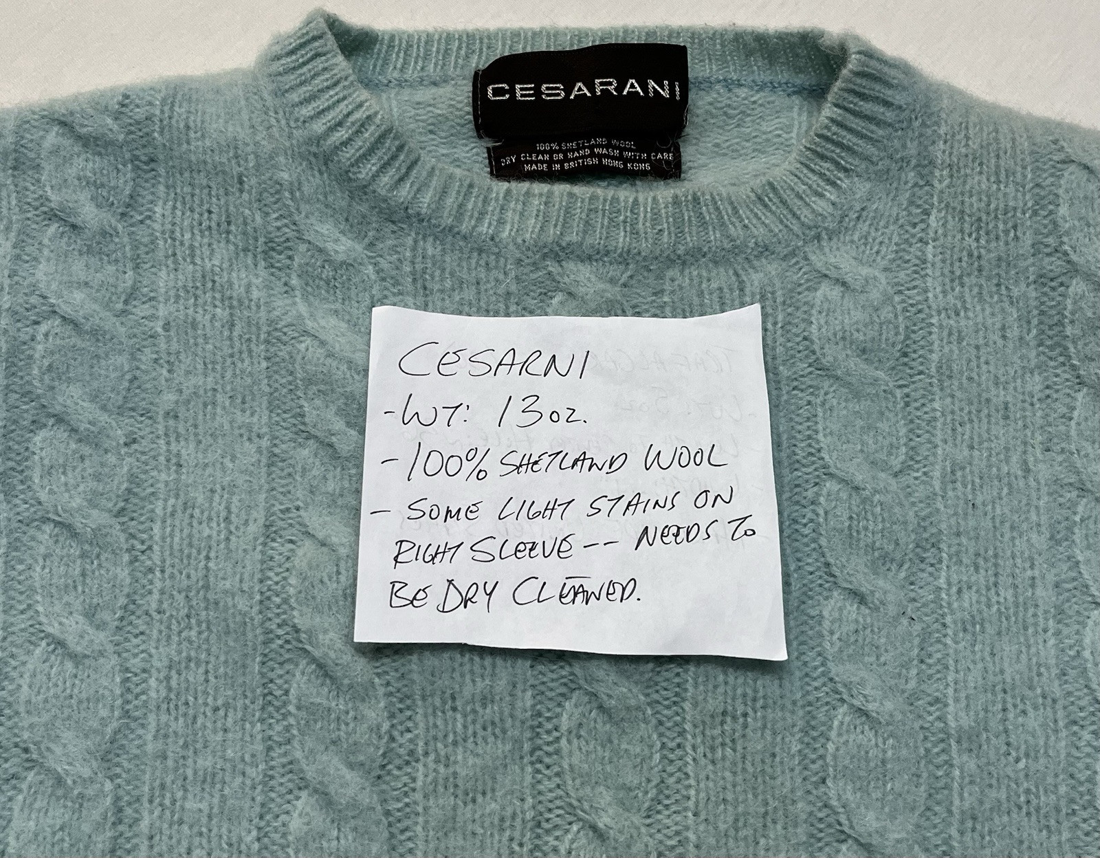 Vintage Cesarani Cable Knit Sweater 100% Shetland Wool Hong Kong Sz L Chest 42”