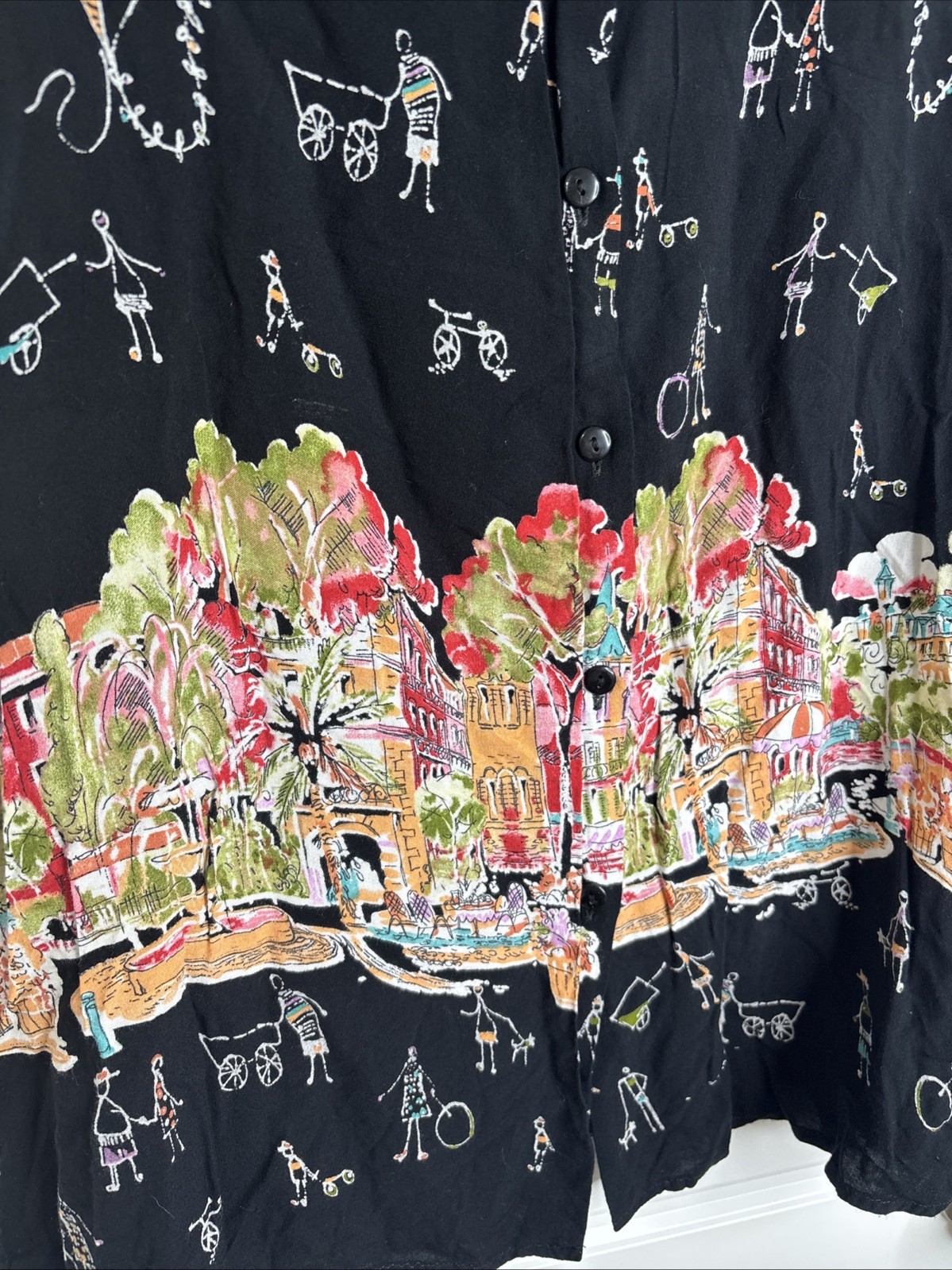 Vintage 80’s Units Blouse, Resort Scene, Doodles, Shoulder Pads Women’s Size XL