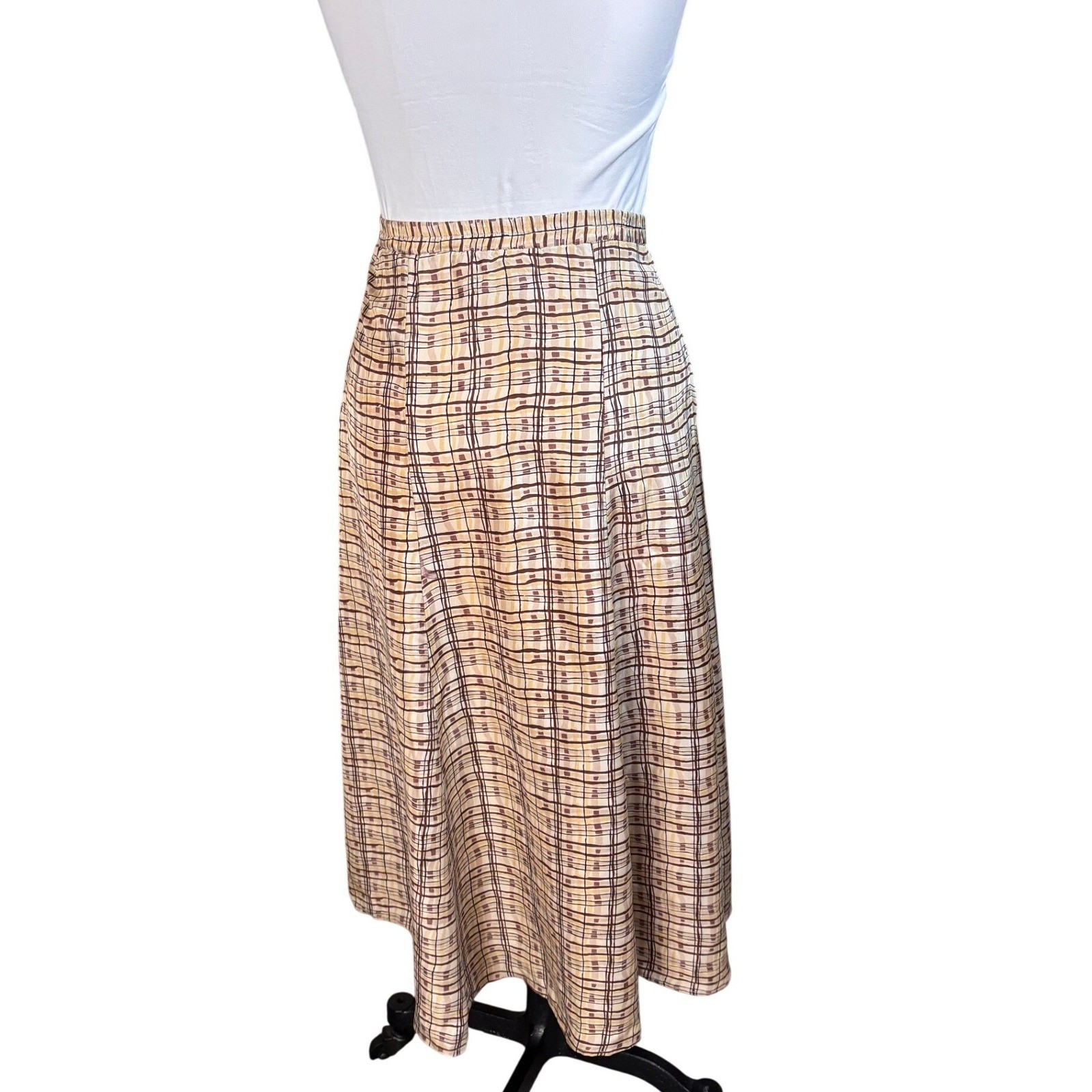 Plaid A-Line Melrose Studio Petites Button Side Tan Brown Midi Skirt Vintage