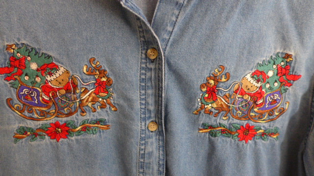 VTG Bobbie Brook Sz XL 16/18 Denim Christmas Shirt Button Down 46 Bust Sled Plus