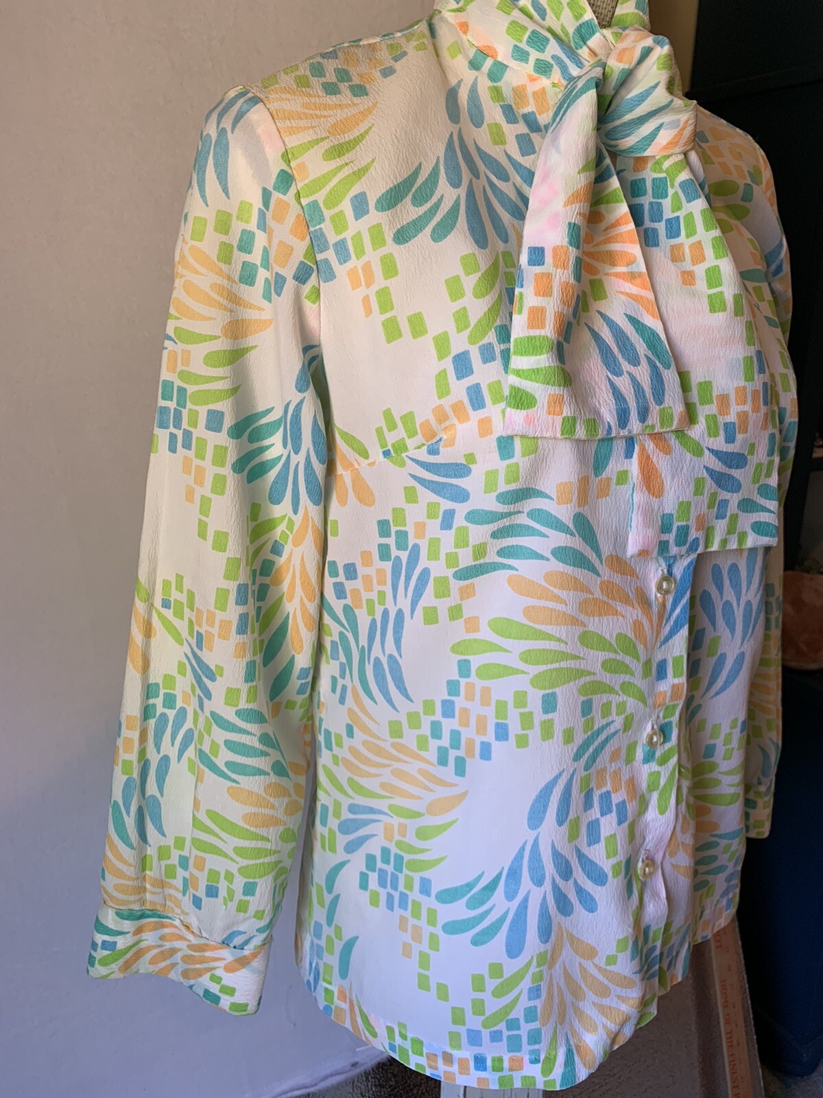 Vtg Ascot Blouse Tie Neck Long Sleeve Sheer Button Up Colorful Firework Bursts