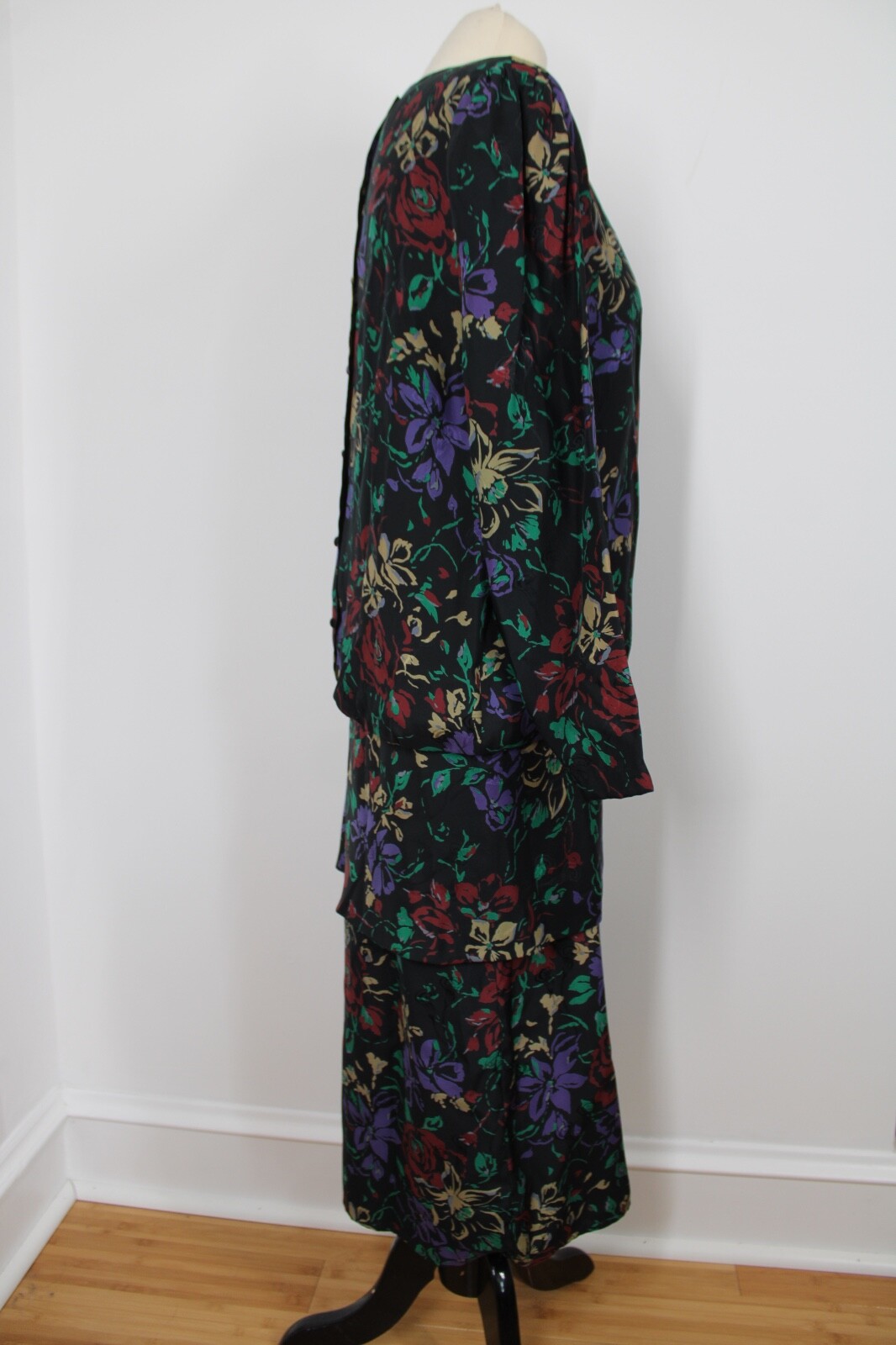 Vtg 80s Francesca of Damon Starington 10 Dark Floral Silk Drop Waist Dress