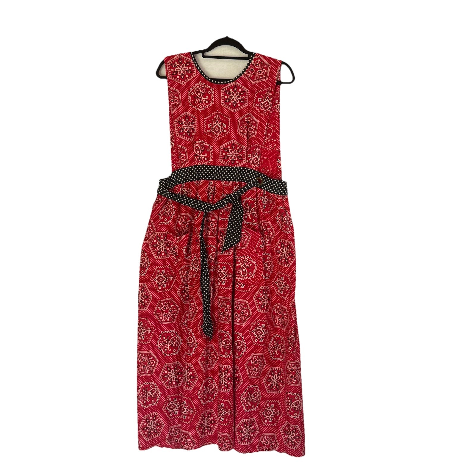 Design House1960s Red Bandana Sleeveless Pinafore Wrap Dress Apron Vintage