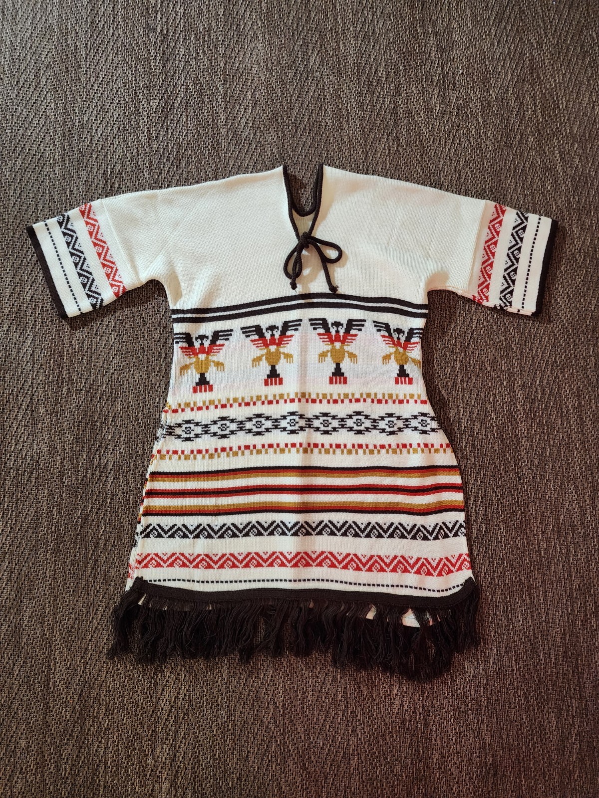 VTG 70’s Boho Fringe Peruvian Soft Knit Poncho Sweater Dress Top Tunic Small Med