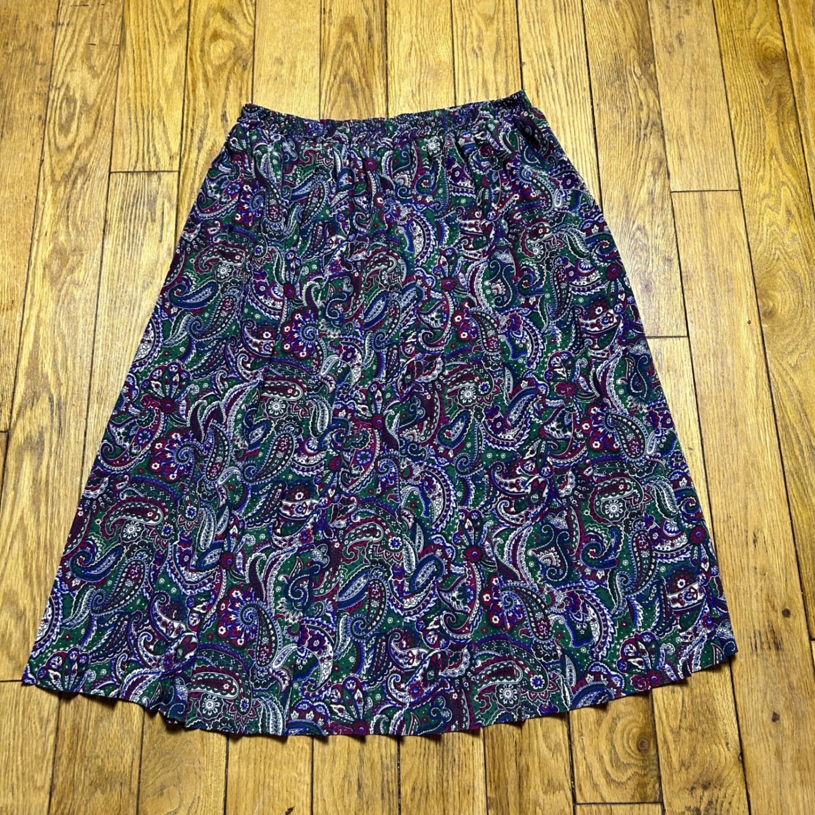 Vintage Leslie Fay Vintage Paisley Midi Skirt Green Purple Red Elastic 14P