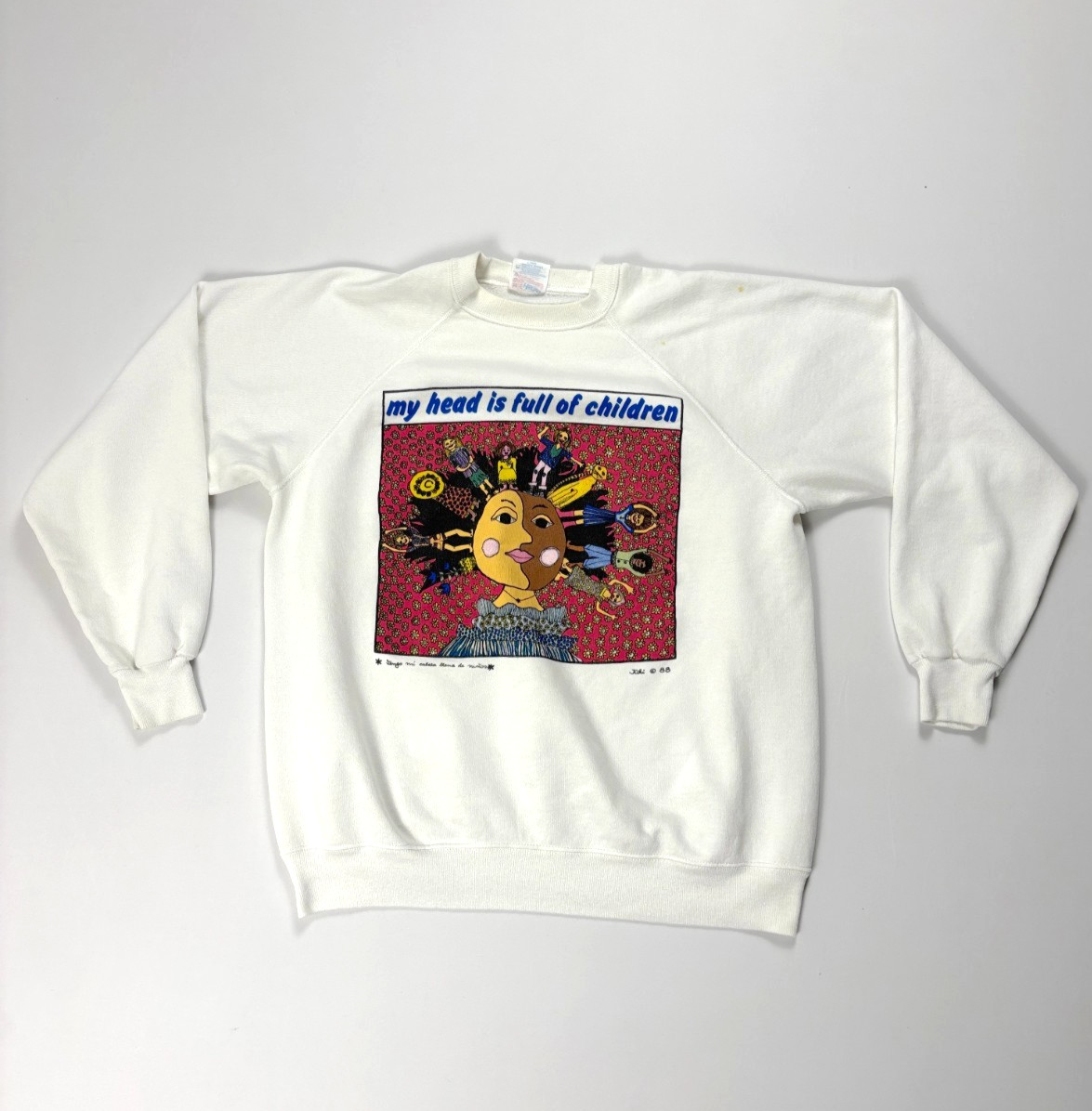 VTG Kiki My Head Is Full Of Children Crewneck Sweatshirt White L Hanes 80s Art
