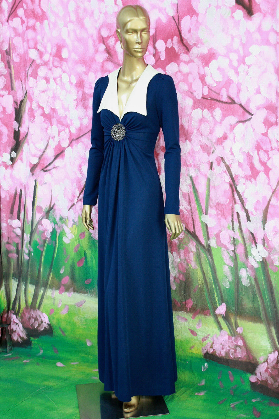 Vtg 70s Boho Hippie Ruched Maxi dress Blue Cutout Medallion CORKY CRAIG XS S/M