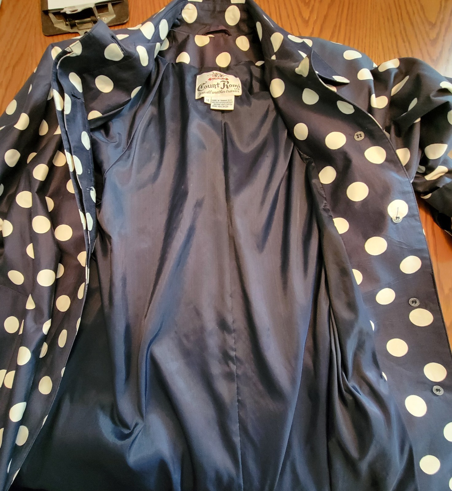 VINTAGE Count Romi Trench Coat Size 14 Navy/White Polka Dots Belted Buttons EUC
