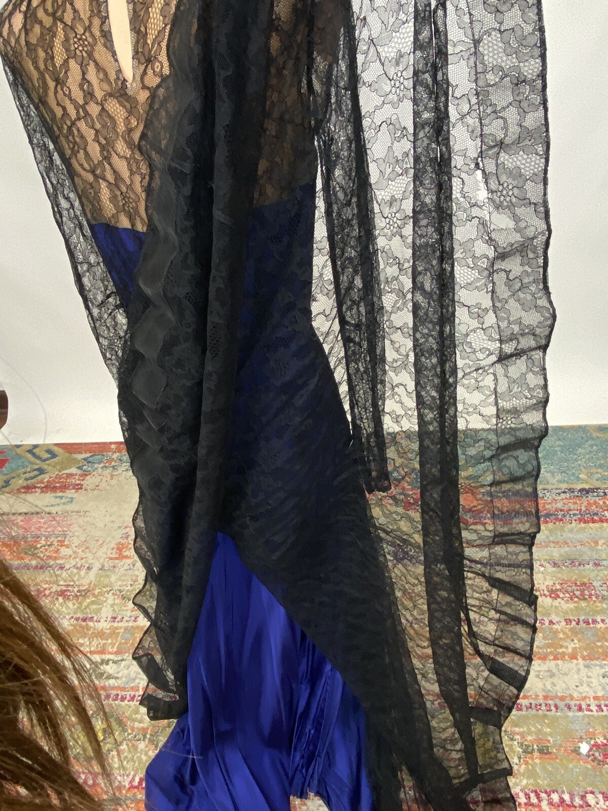 Antique Vintage 1940s Black & Blue Silk Chiffon Lace Bias Cut Full Length Gown