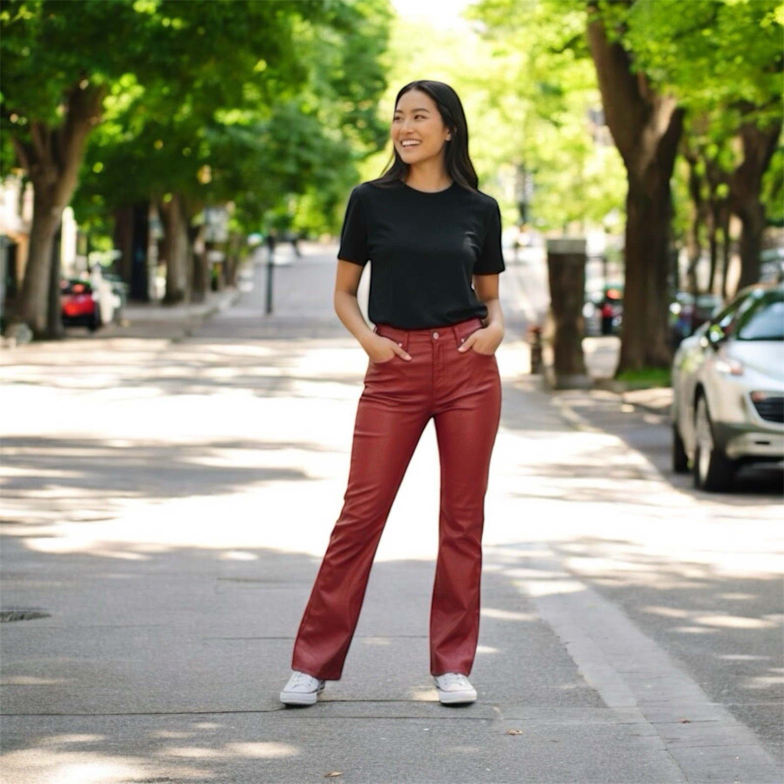 L.E.I 90s Y2K Women’s Size 11 Red Wet Look Satin Sm Flair Hi Waisted Pants VTG.