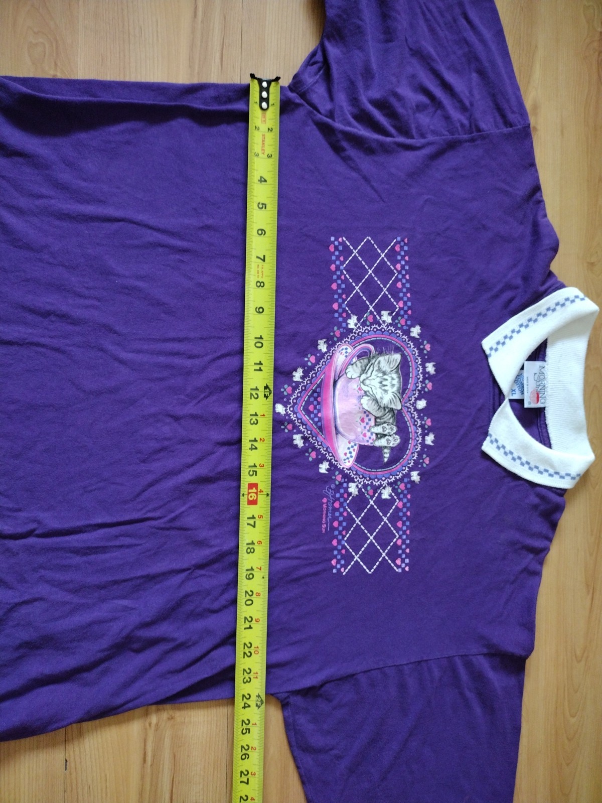 Vintage XL Grandma Style Morning Sun Jerzees Purple Cat Sleeping USA Made Shirt