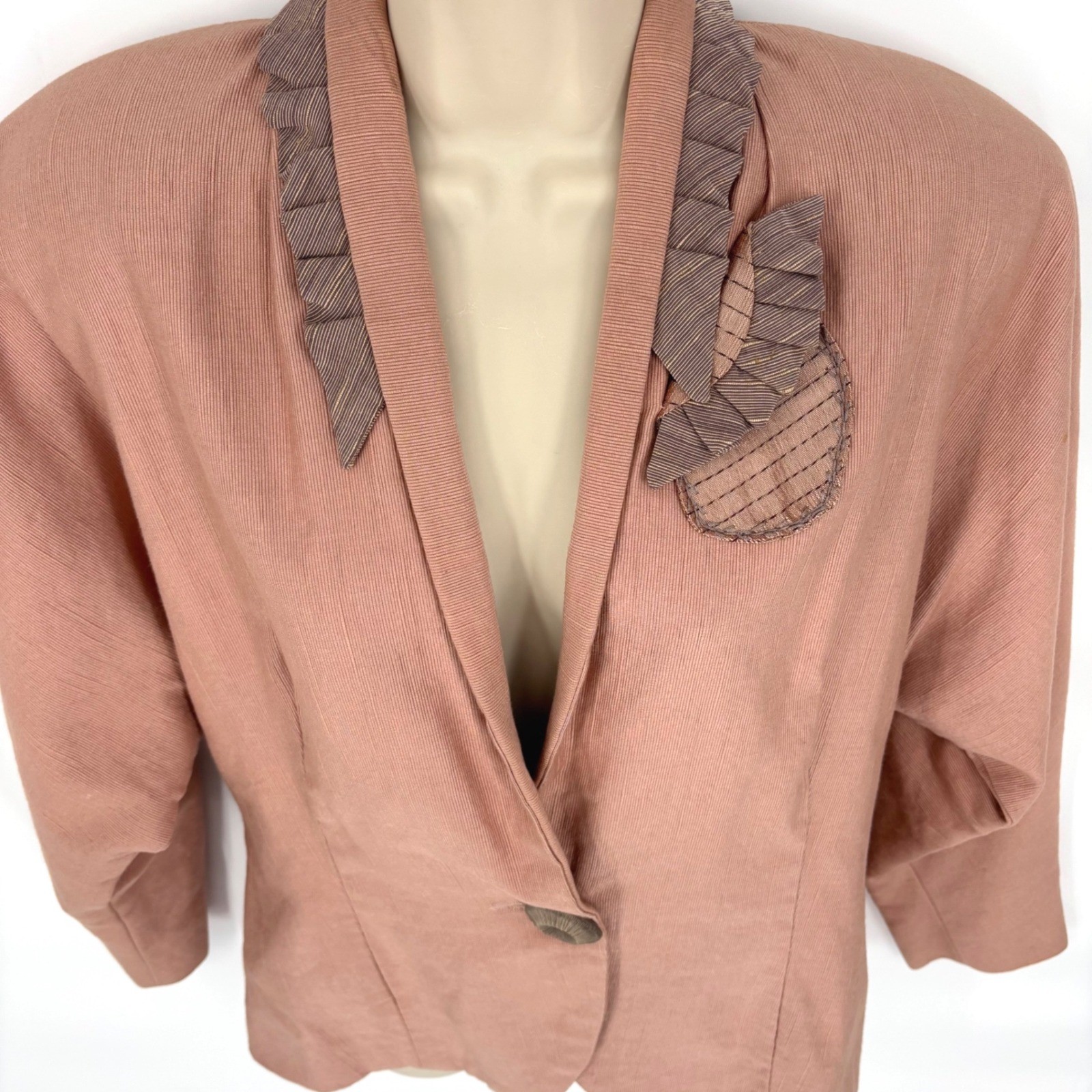 Vintage 50s Edith One-Button Applique Blazer Pink Peach Lined Womens Sz L