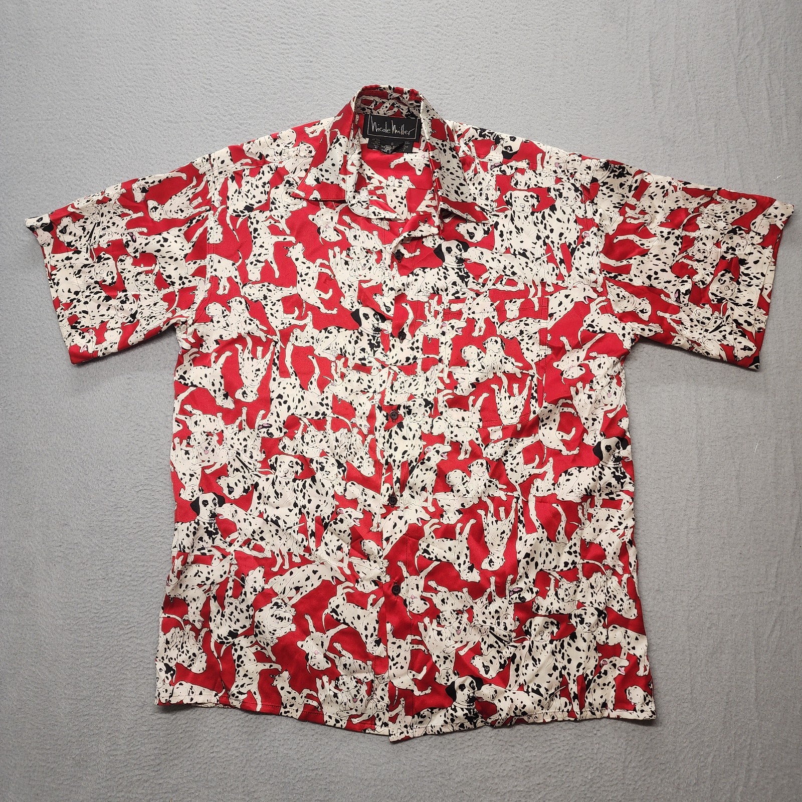 Vtg 1993 Nicole Miller Dalmatian Silk Shirt Mens S Small Red Novelty Print AOP