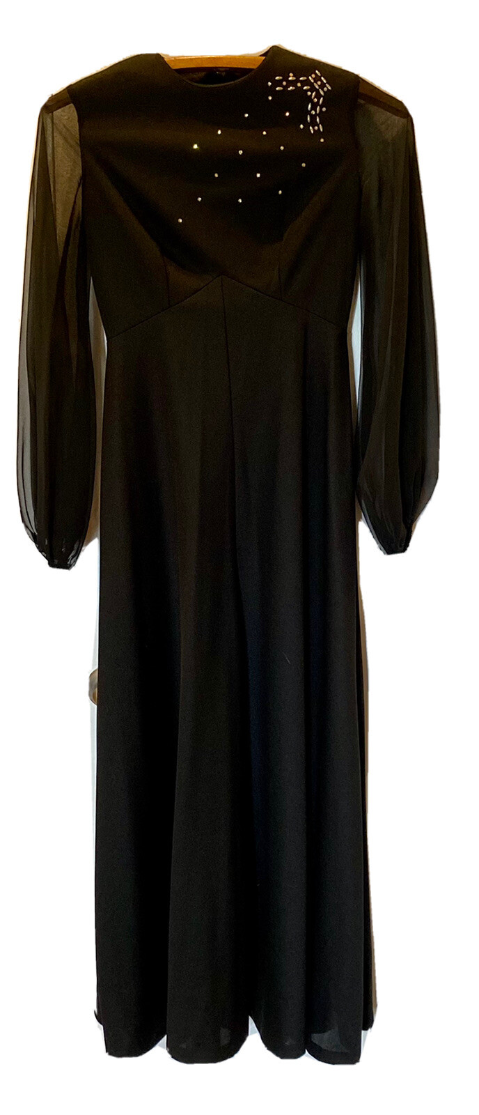 Vintage 1960s Maxi Dress Polyester Sheer ￼Long Sleeves BLACK Rhinestones Aldens