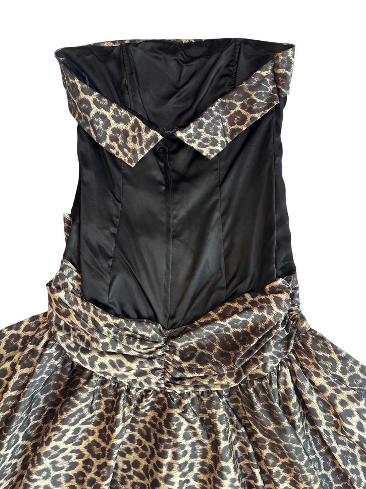 Vintage 80s San Martin Evening Gown: Strapless Black Satin Leopard Taffeta Dress