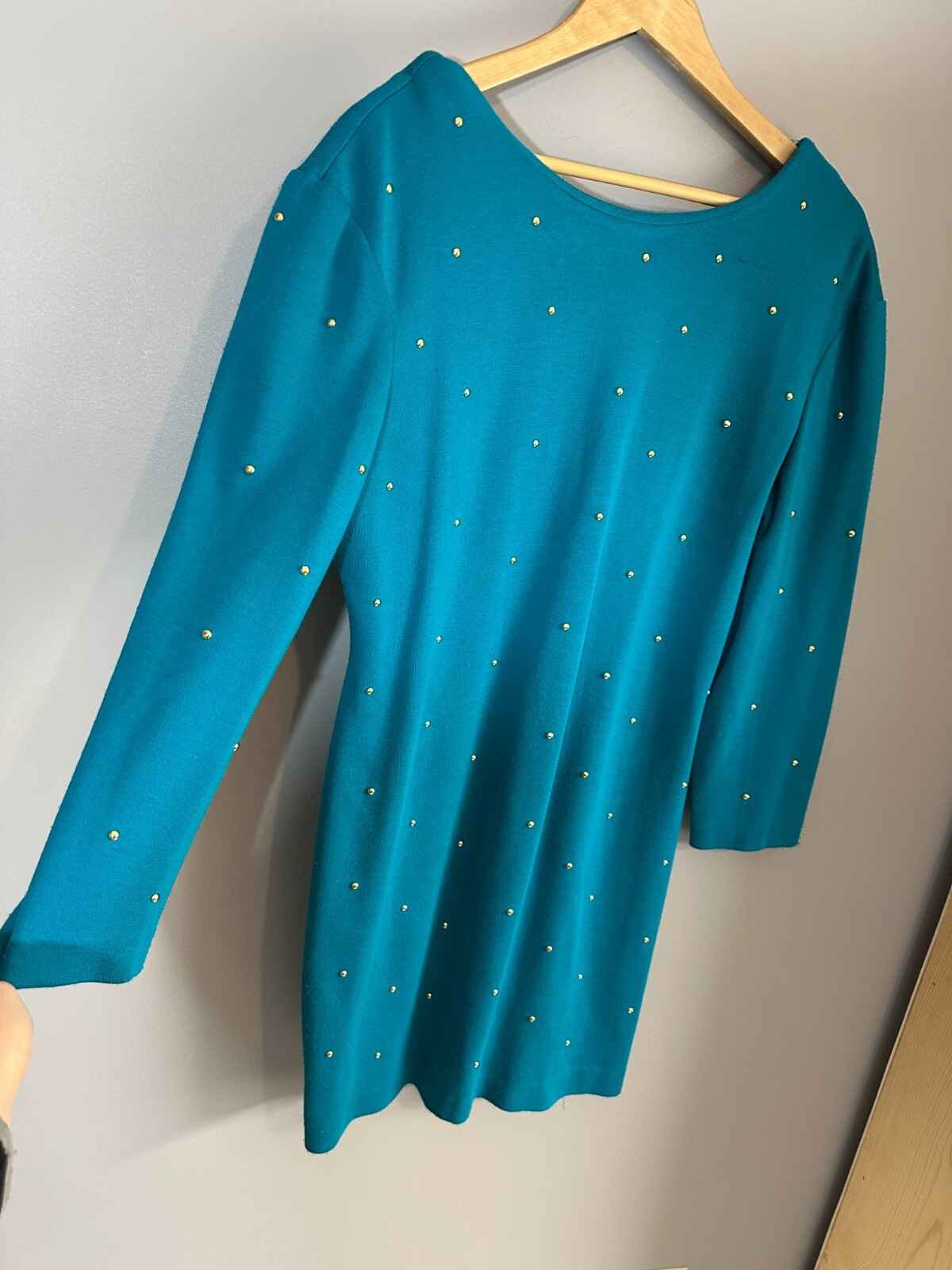 Vintage 80s Irresistible Sue Eng Sweater Dress Womens M/L Teal Knit Bead Scoop