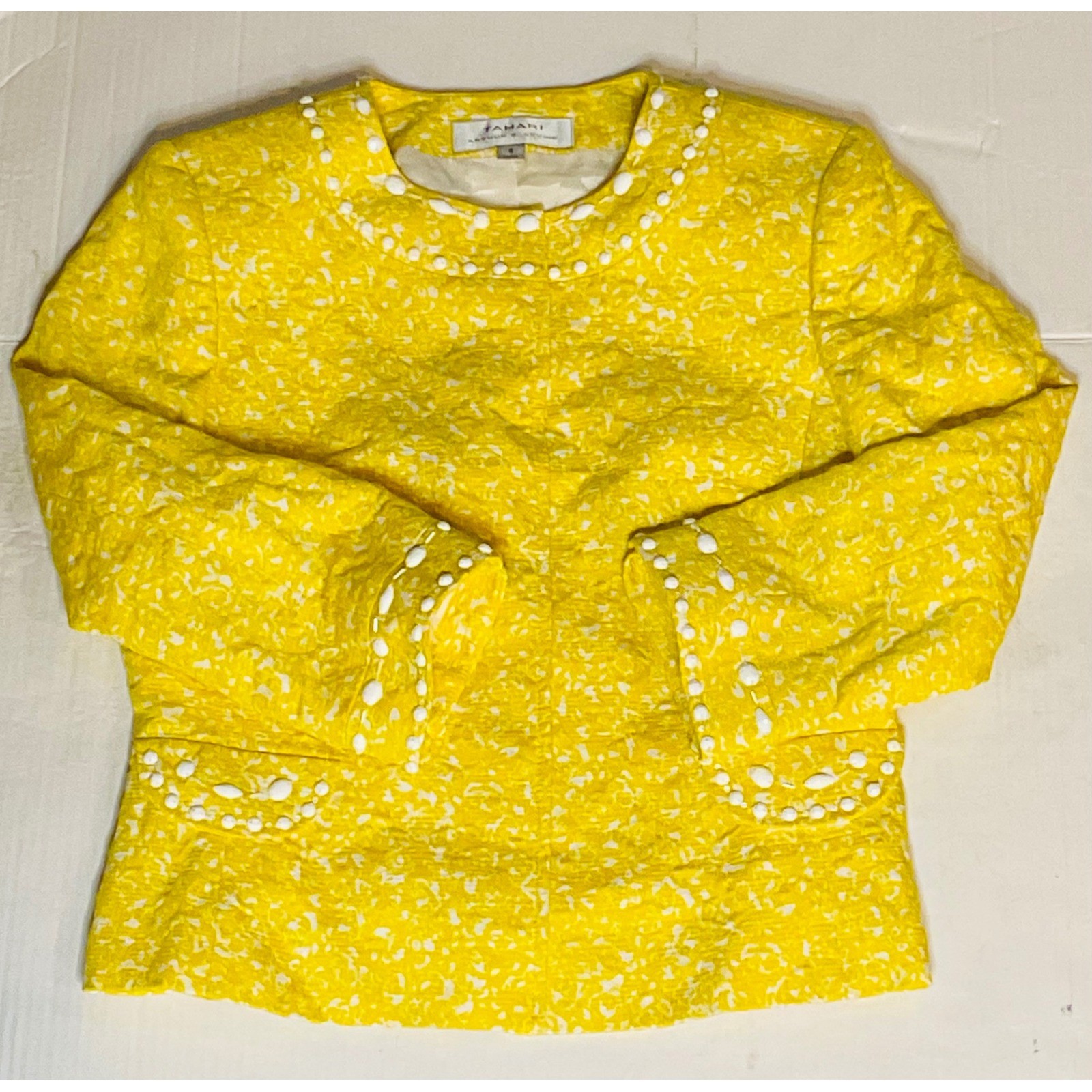 TAHARI ASL women’s yellow white beaded floral suit skirt blazer vintage cotton 6