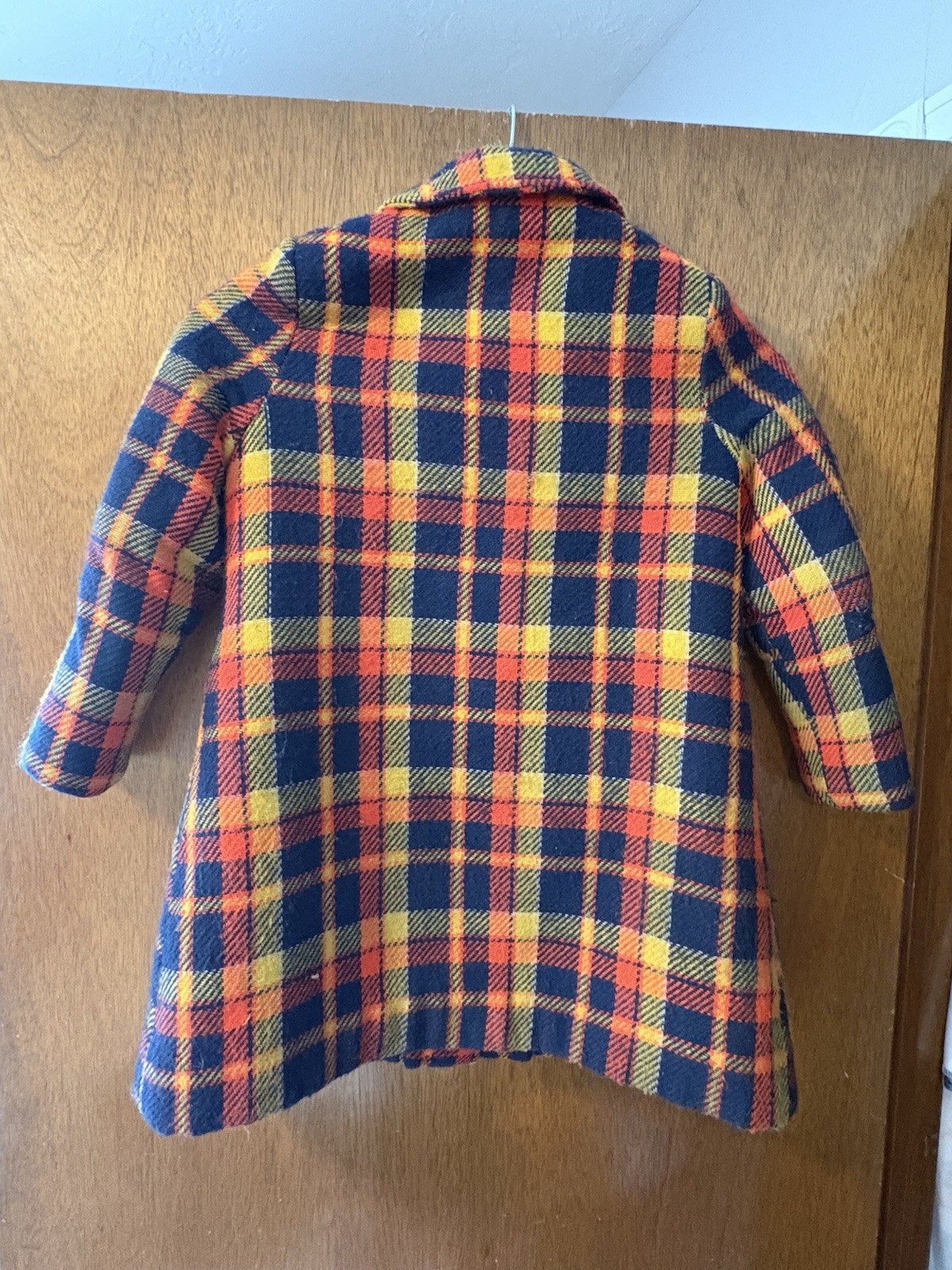 Vintage 60s 70s Plaid Wool Coat Red Yellow Navy Mod Girls XL Womens Small? READ