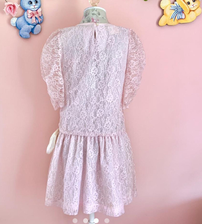 vintage 80s does 20s pastel pink lace drop waist mini dress XS/S