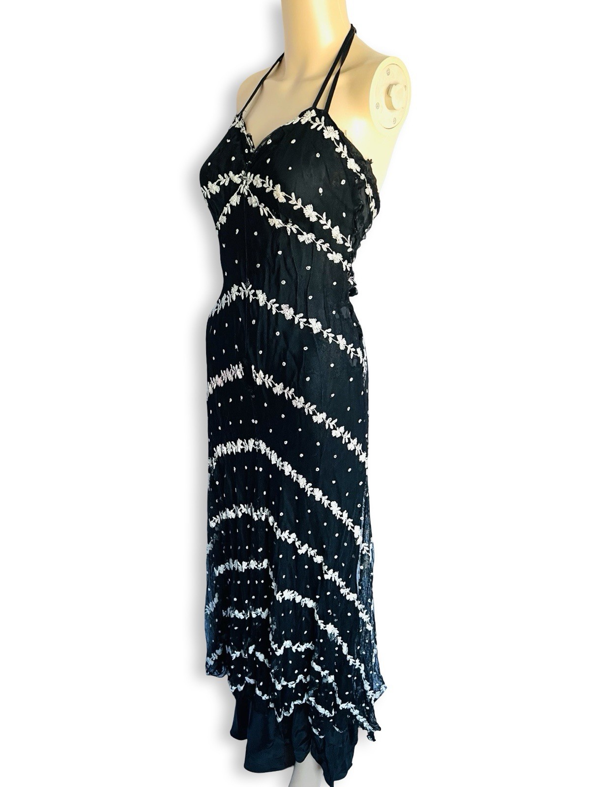 Vintage 1930s Black Mesh White Eyelet Lace Bias Cut Gown Dress Small XS As Is