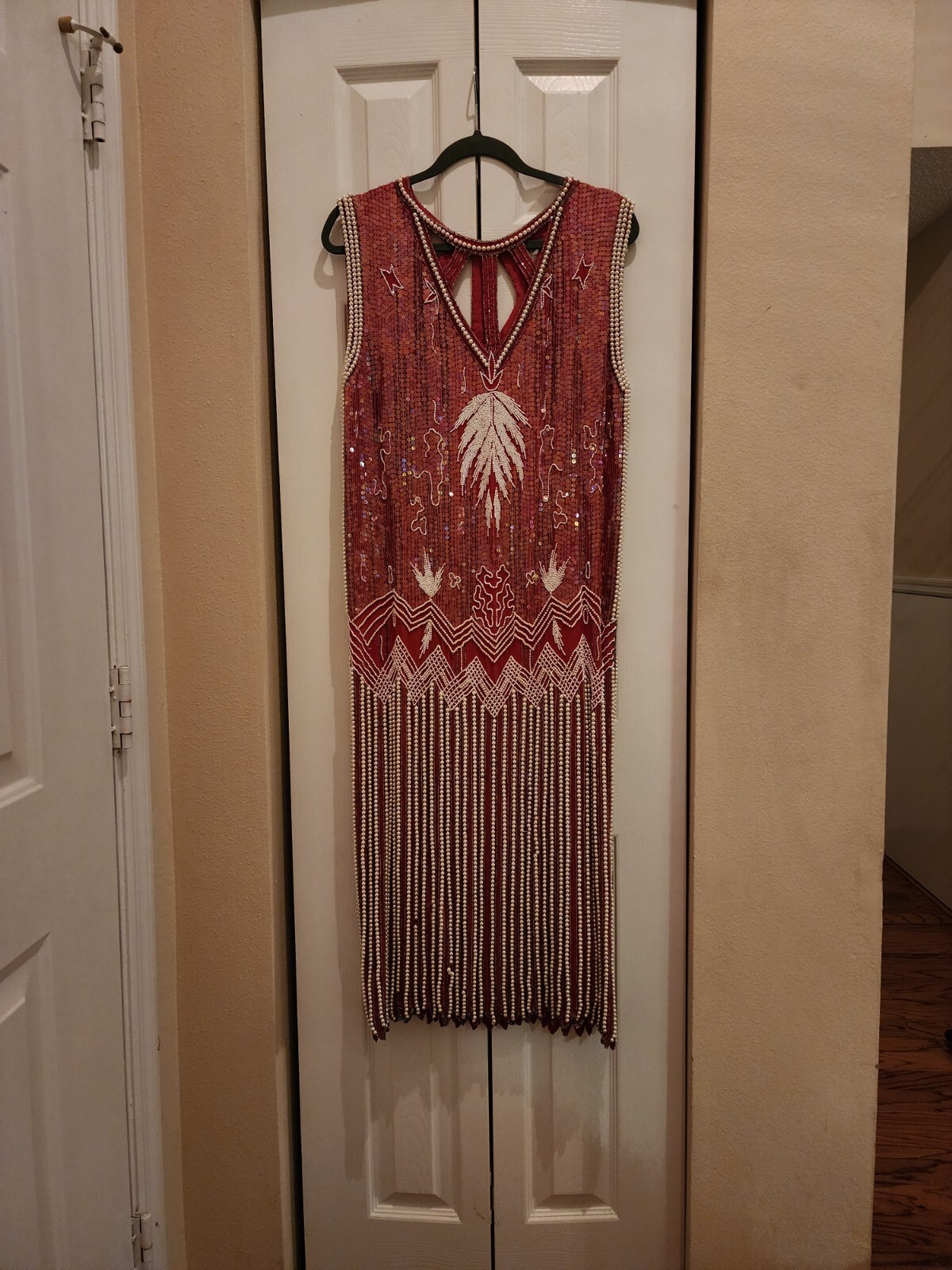 Authentic vintage 1920s cutout Red fully beaded/sequined dress. Size approx. 14.
