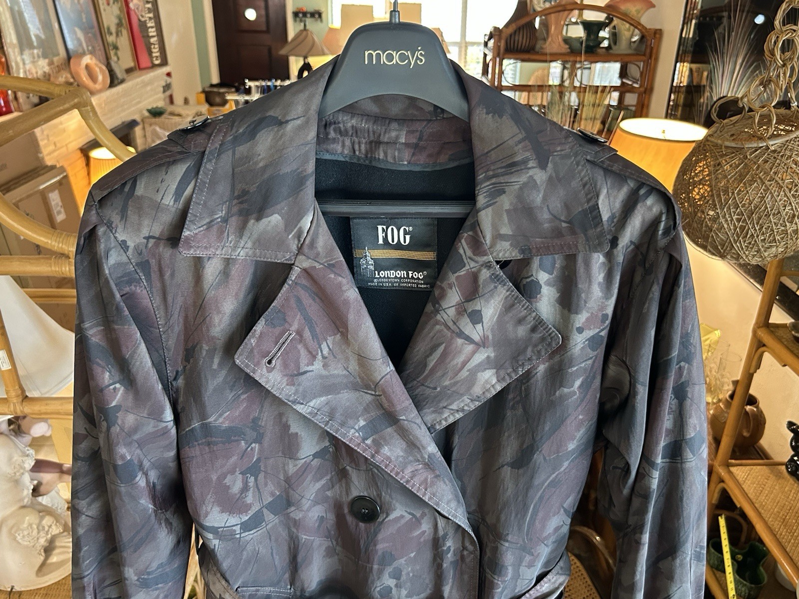 Vintage 90s London Fog Women’s 6 Abstract City Camouflage Trench Coat Wool Lined