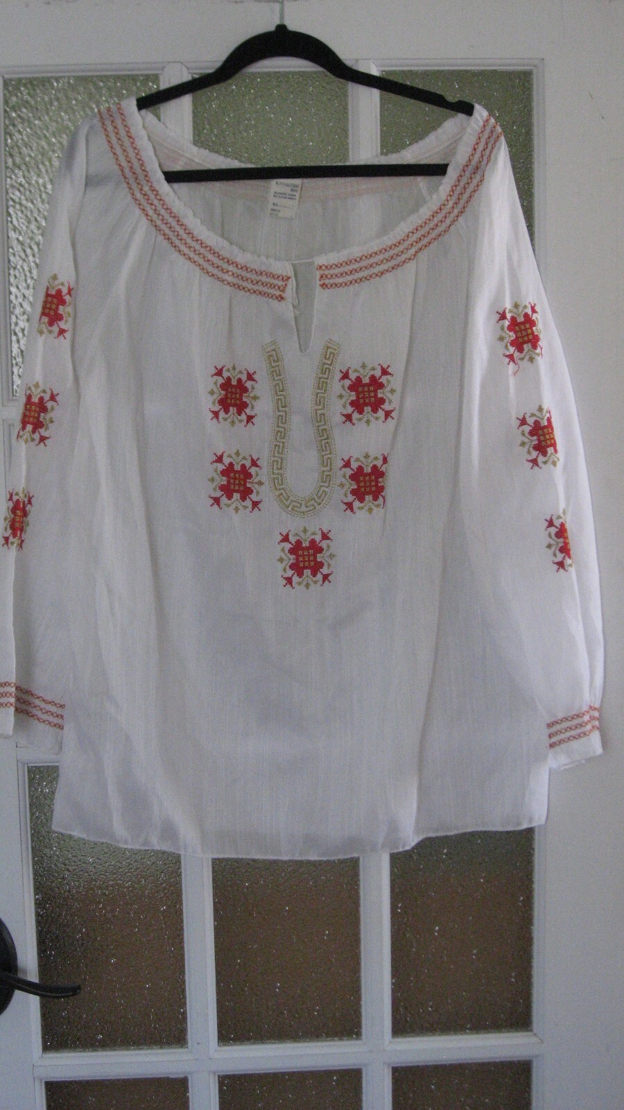 Vintage Greece White Embroidered Peasant Blouse K Papoutsaki Bros. Hippie Boho
