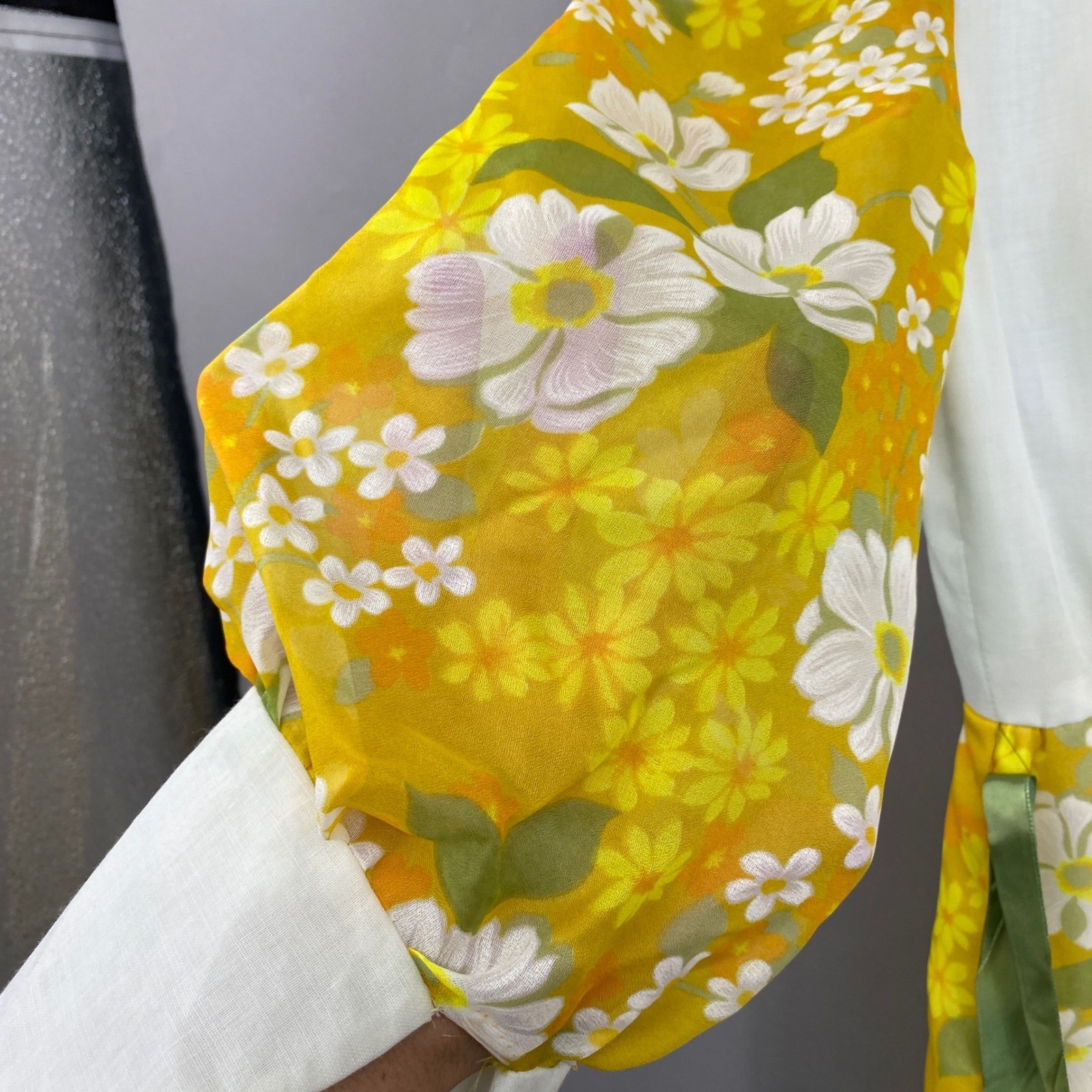 Vintage Flower Power Maxi Dress Womens Small Yellow Floral 70s Mod Psychedelic