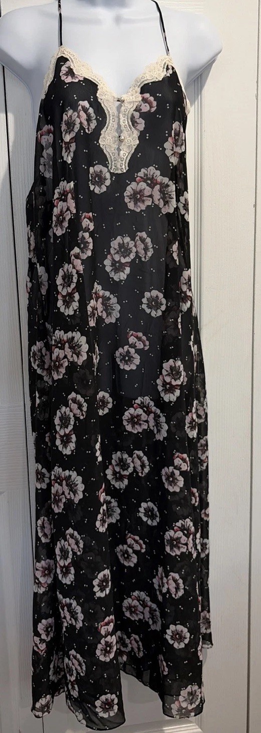 Prima Donna Black Floral with Ivory Lace Trim Long Nightgown Size M