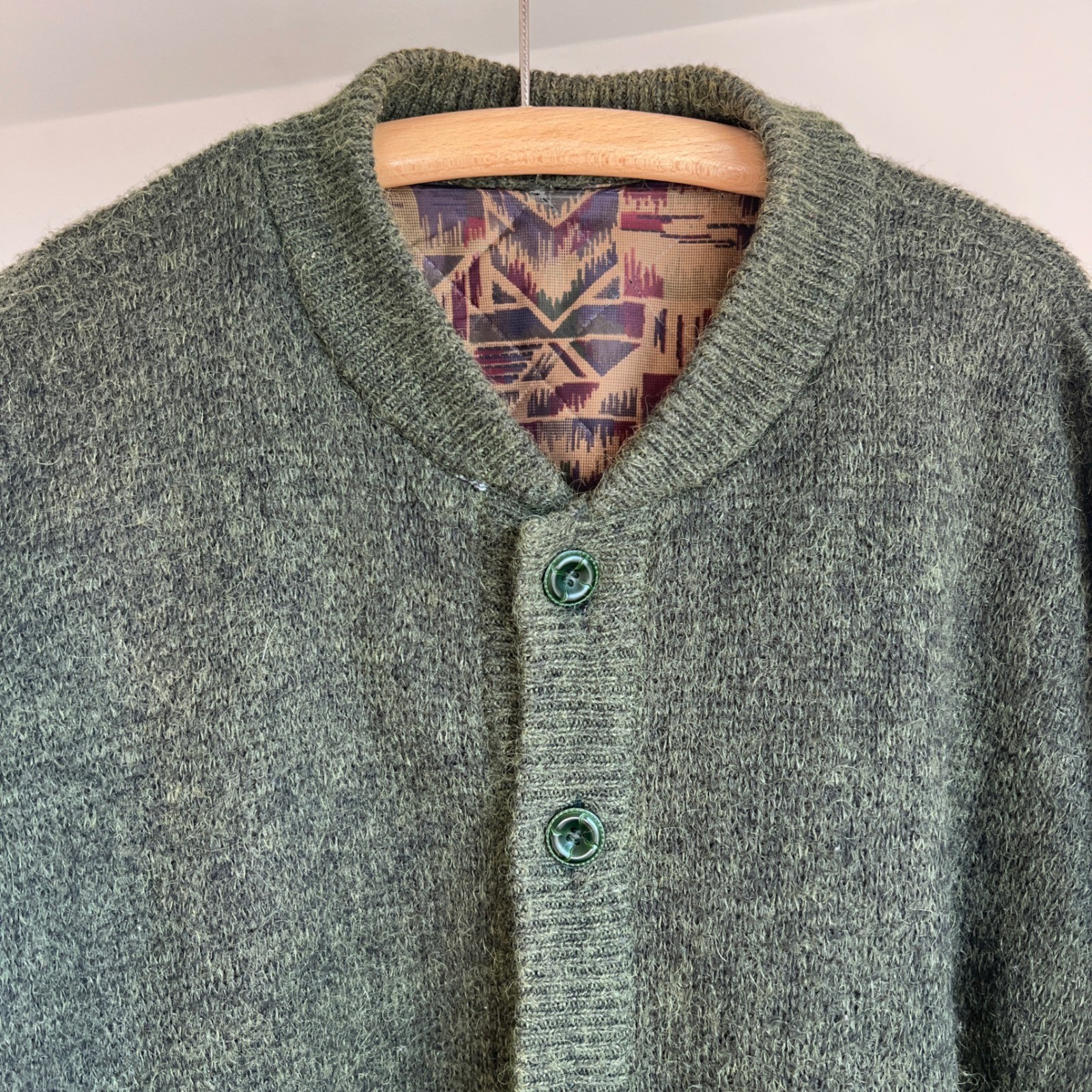 Vintage Cardigan Sweater XL Green Mohair Wool Blend Quilted Lined Oversized