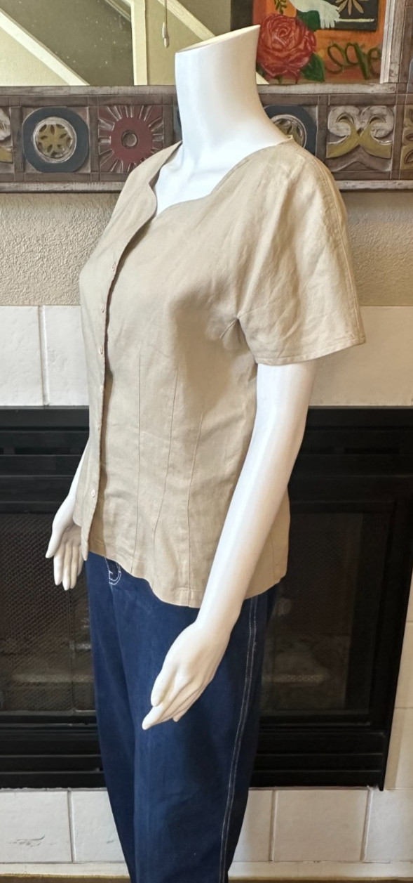 Claude Bennett Short Sleeve 100% Linen Size 12 tan button up blouse vtg
