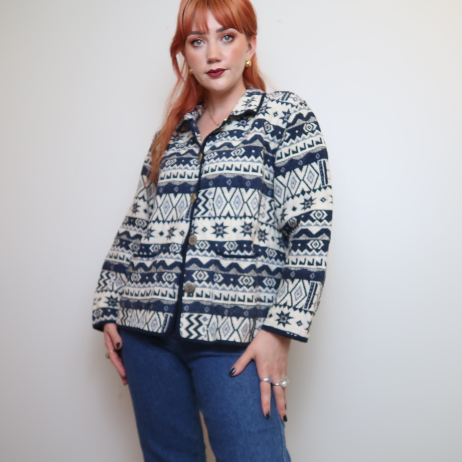 Vintage 90s blue and cream tapestry jacket coat 1X