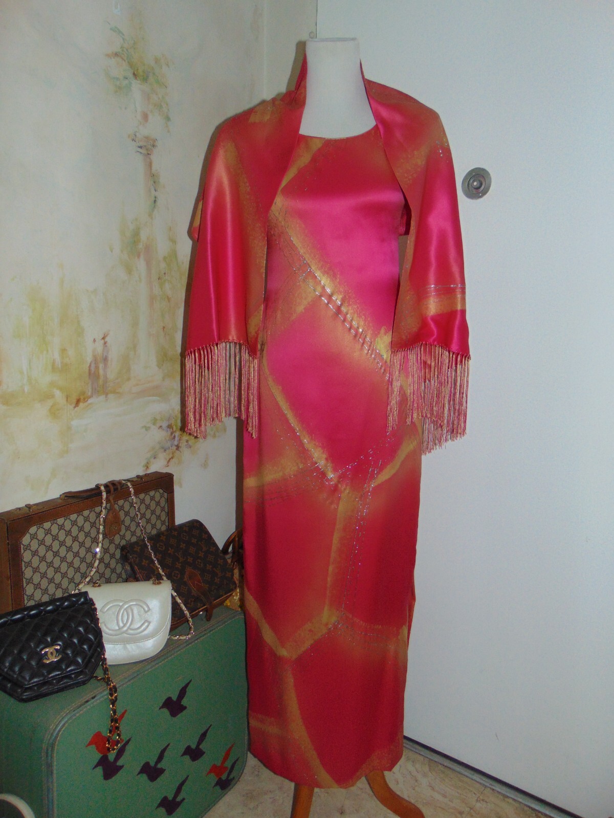 William Pearson Designer Vintage Dress Cheongsam Slit Rose Pink Gold Silver sz 6
