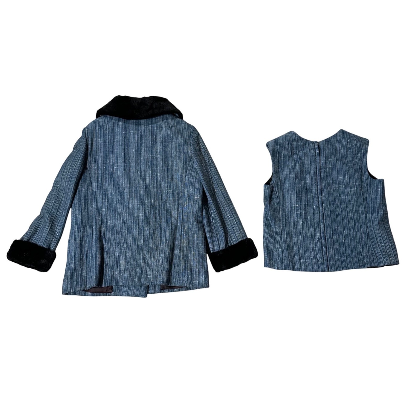 Vintage Womens Jacket Top Set Size 14 Blue Striped Fabric Faux Fur Lined Winter